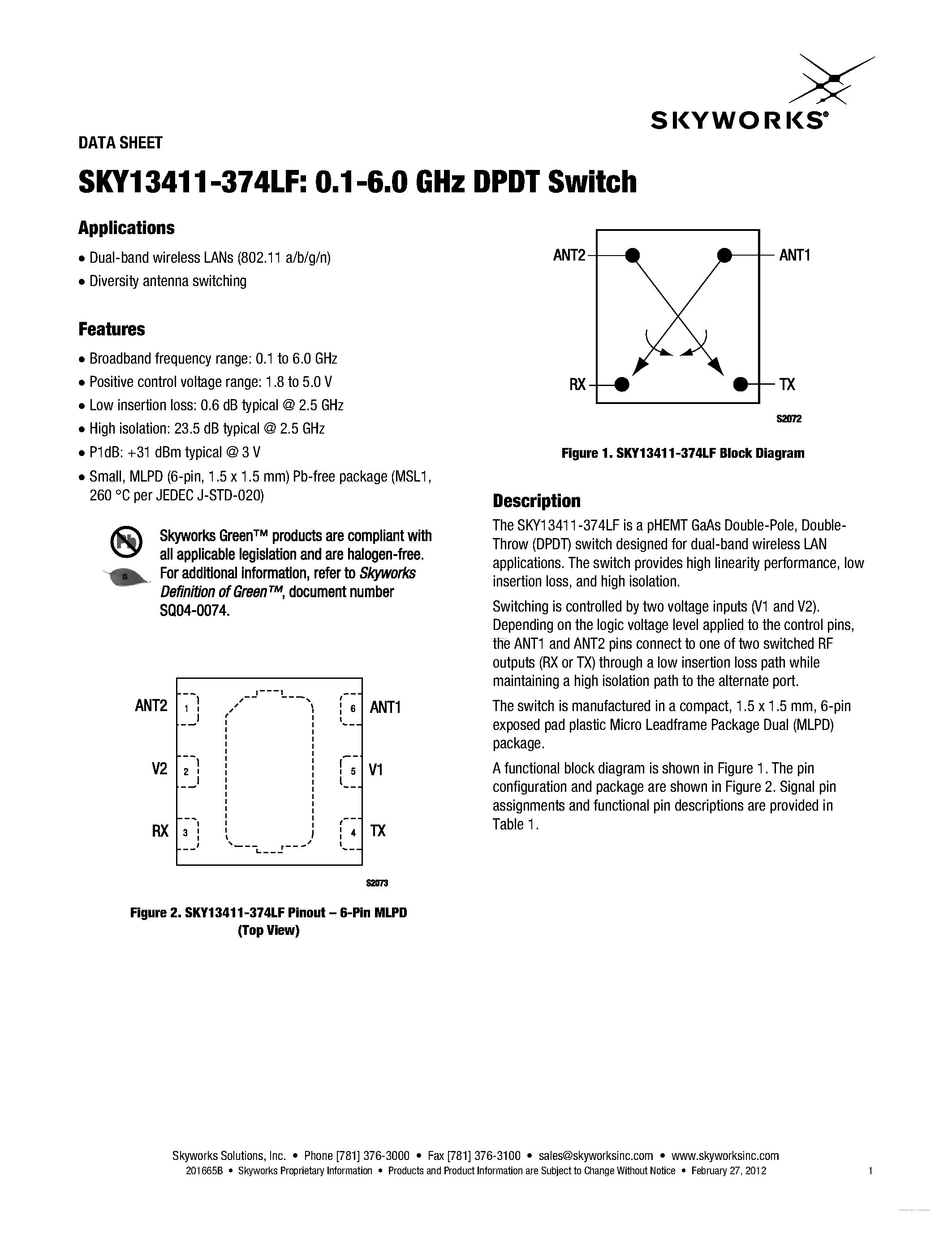 Datasheet SKY13411-374LF - 0.1-6.0 GHz DPDT Switch page 1
