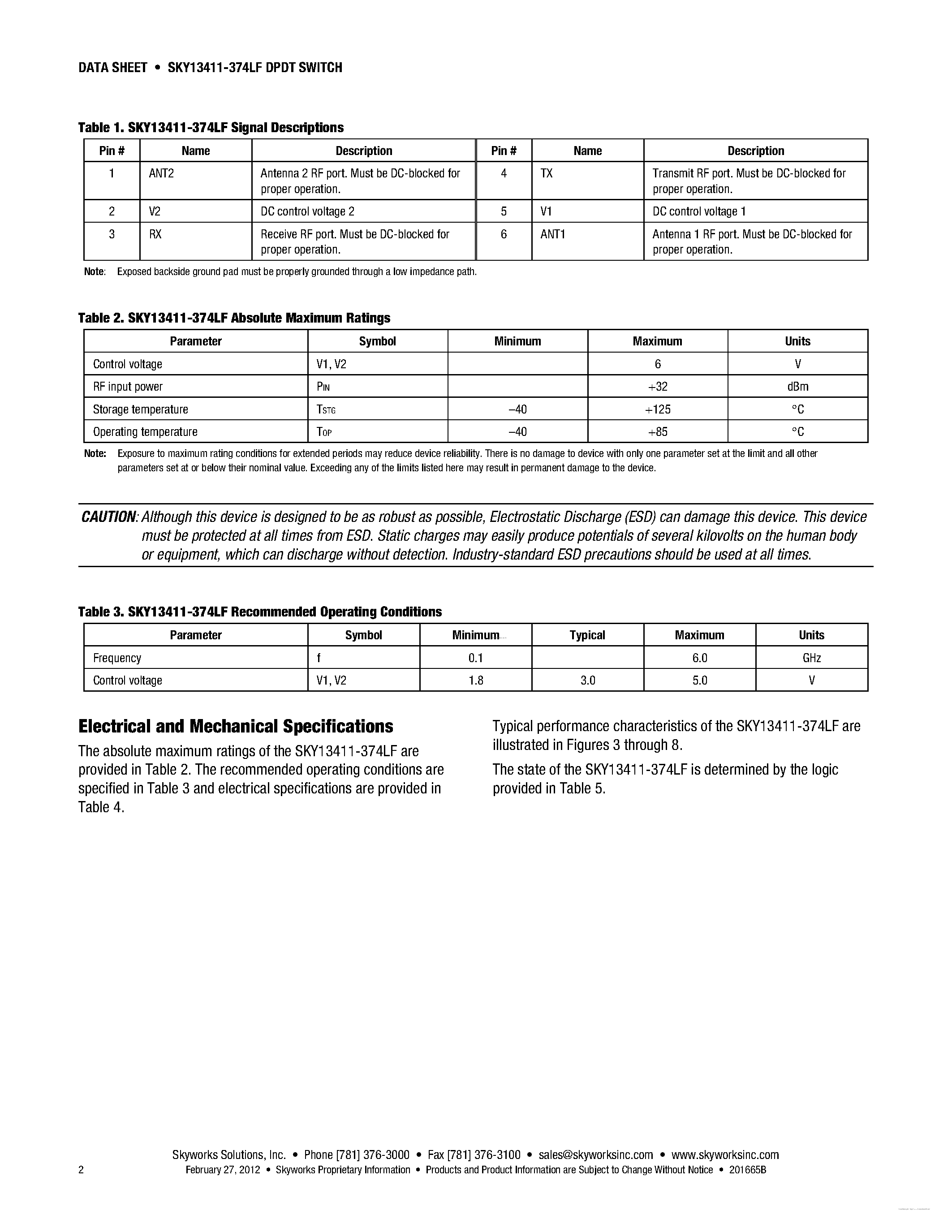 Datasheet SKY13411-374LF - 0.1-6.0 GHz DPDT Switch page 2