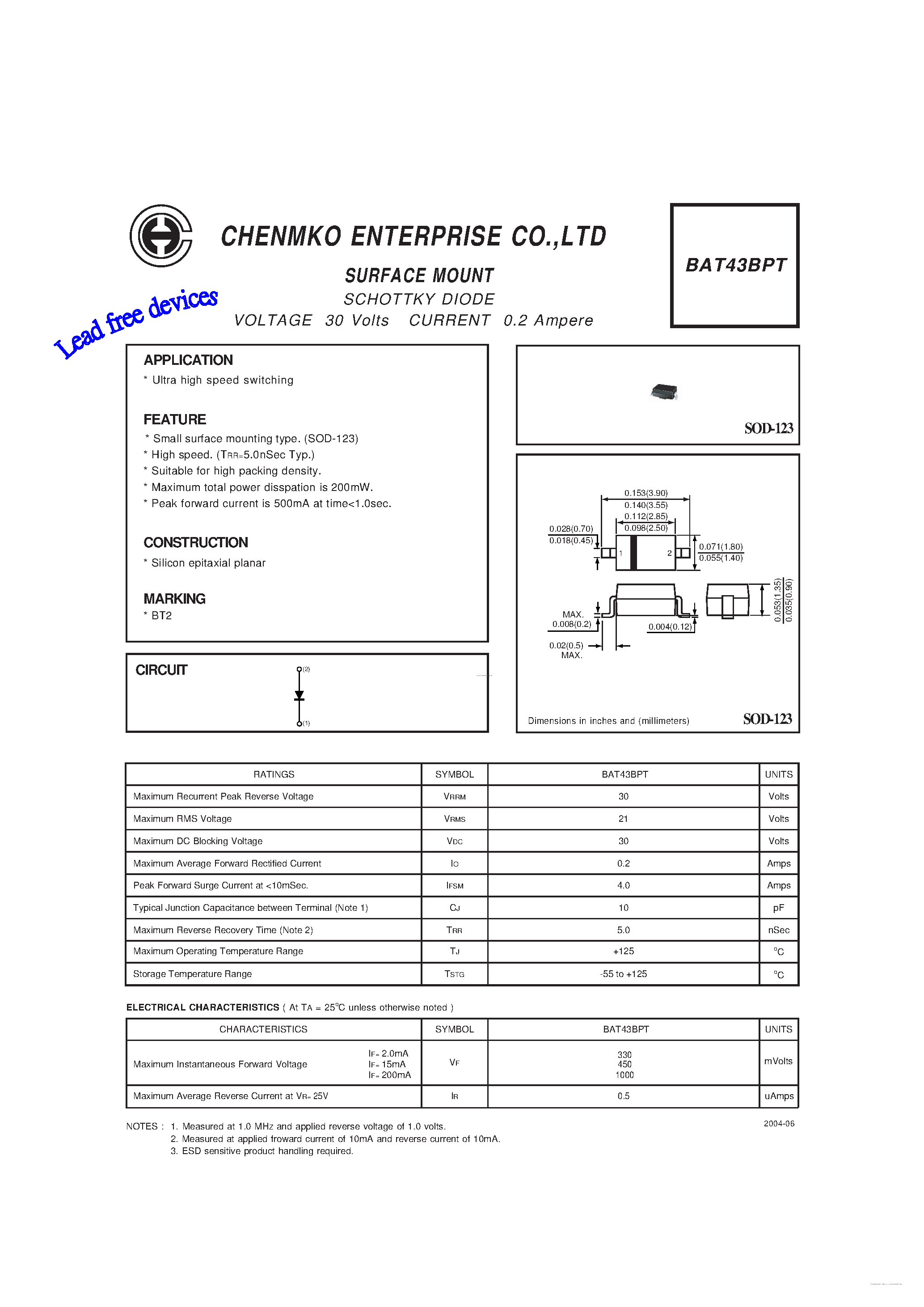 Datasheet BAT43BPT - SCHOTTKY DIODE page 1