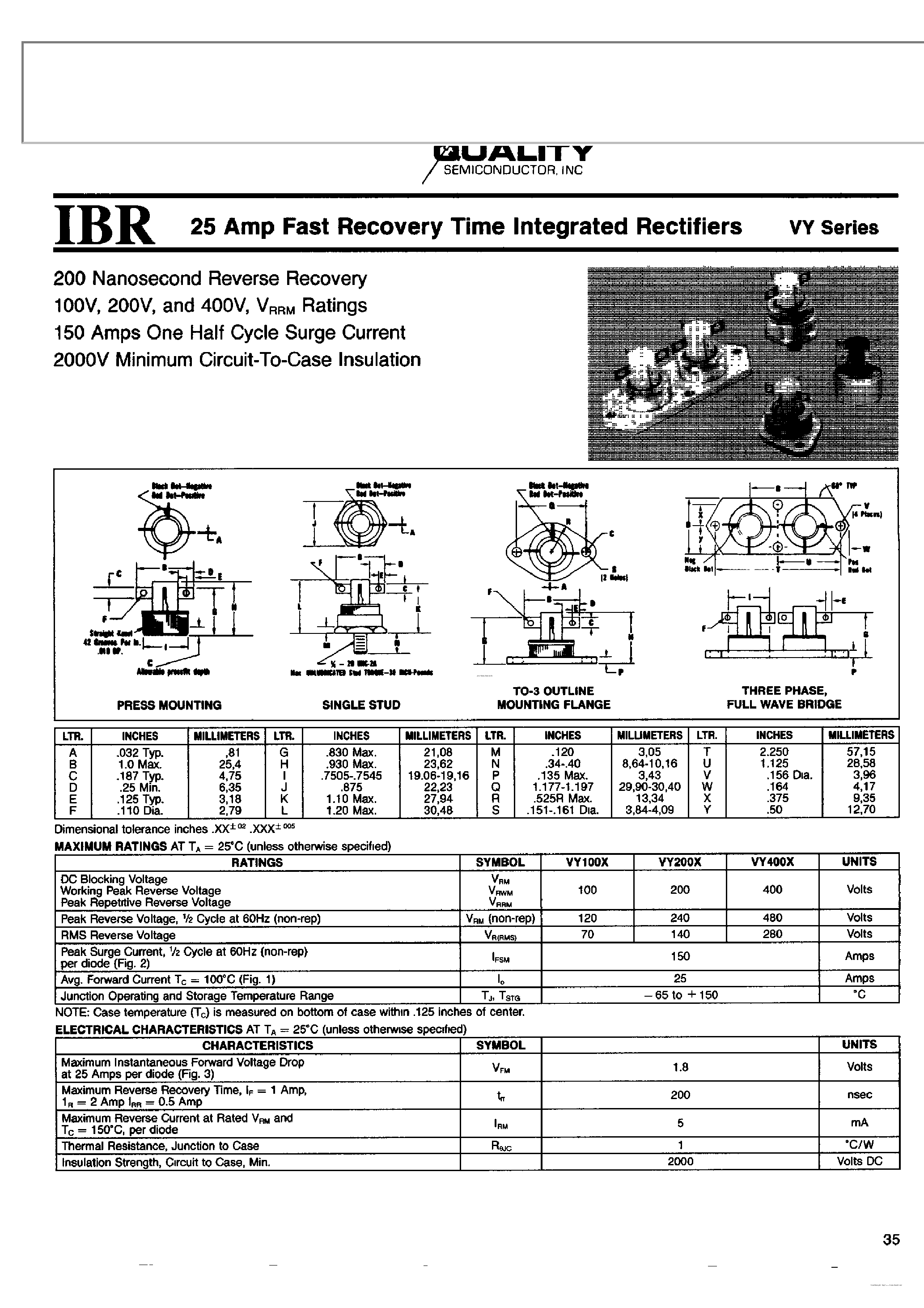 Datasheet VY400X page 1 Datasheet VY400X - 25 Amp Fast Recovery Time Integrated Rectifiers page 1