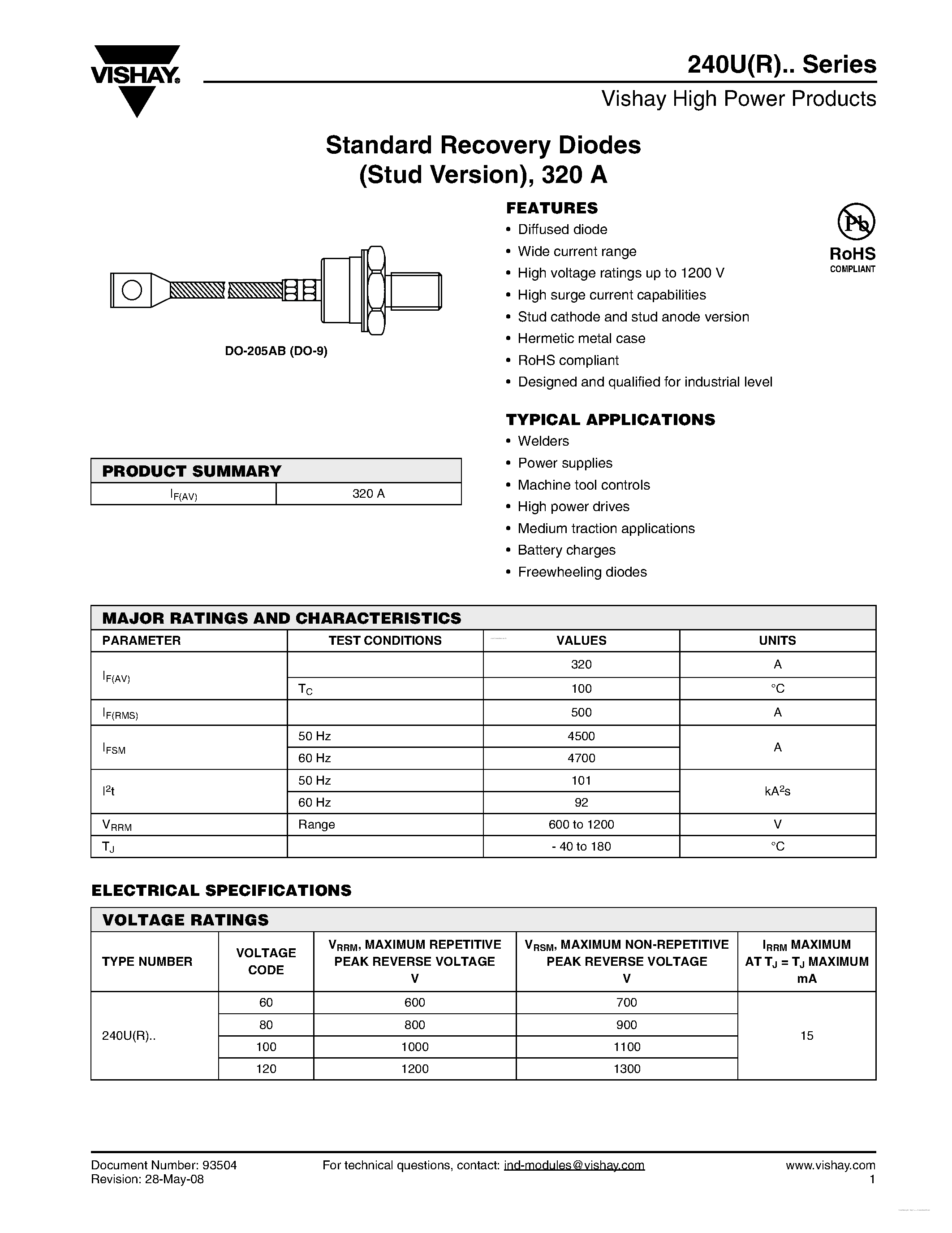 Даташит на микросхему 240UR60D страница 1 Даташит 240UR60D - Standard Recovery Diodes страница 1