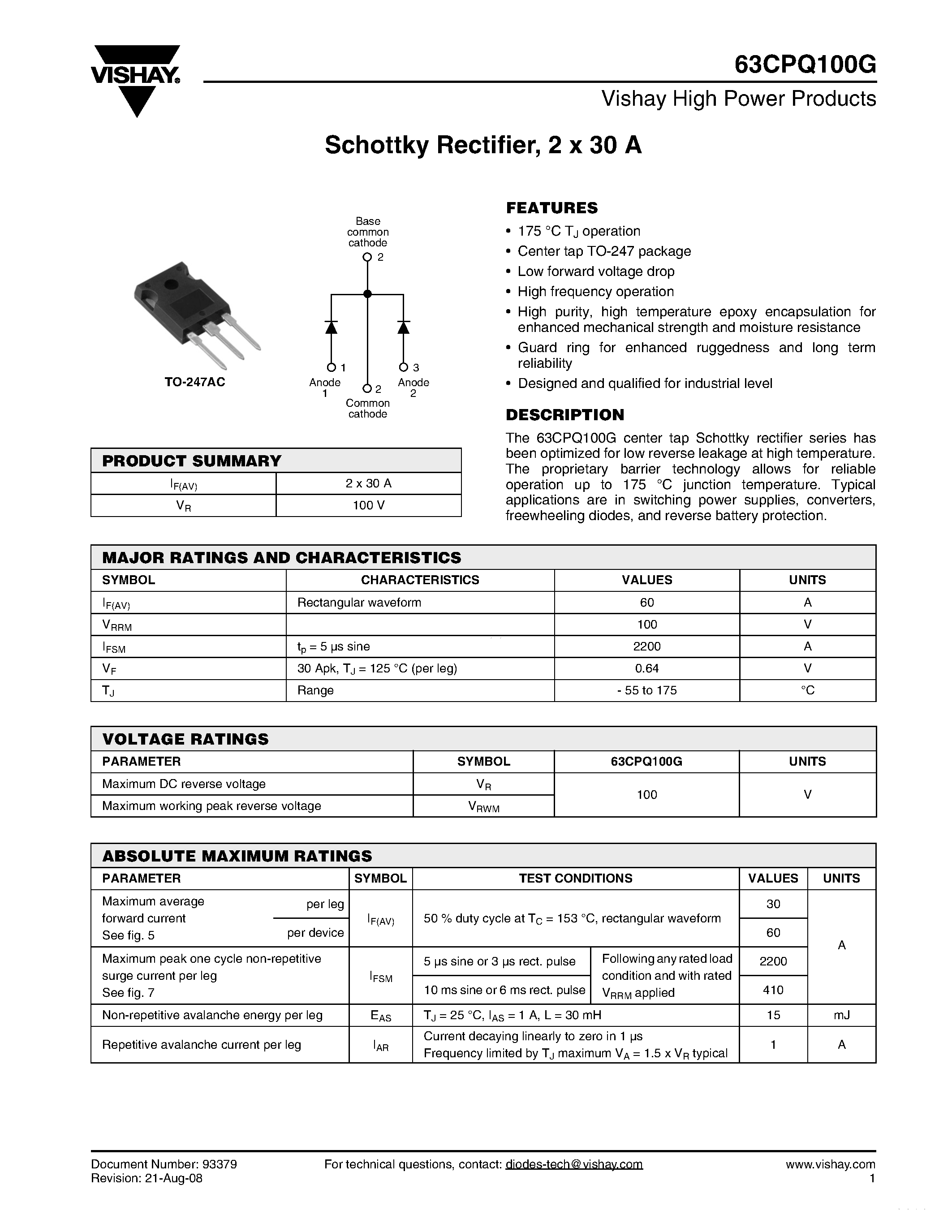 Datasheet 63CPQ100G page 1 Datasheet 63CPQ100G - Schottky Rectifie page 1