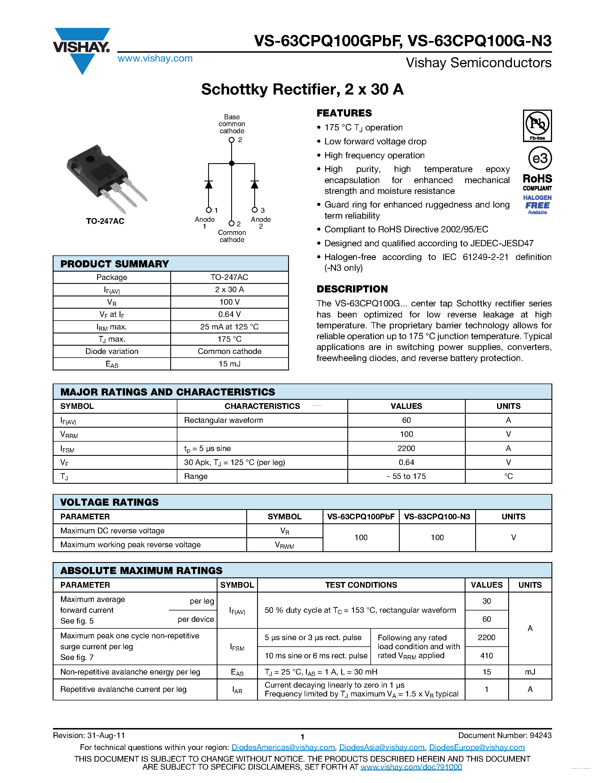 Datasheet VS-63CPQ100G-N3 page 1 Datasheet VS-63CPQ100G-N3 - Schottky Rectifier page 1