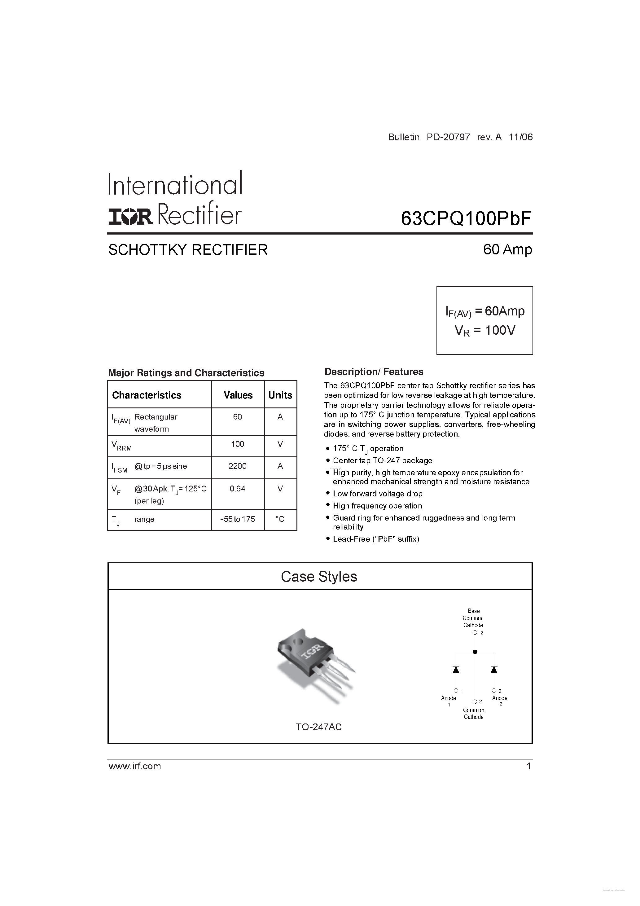 Datasheet 63CPQ100PBF - SCHOTTKY RECTIFIER page 1