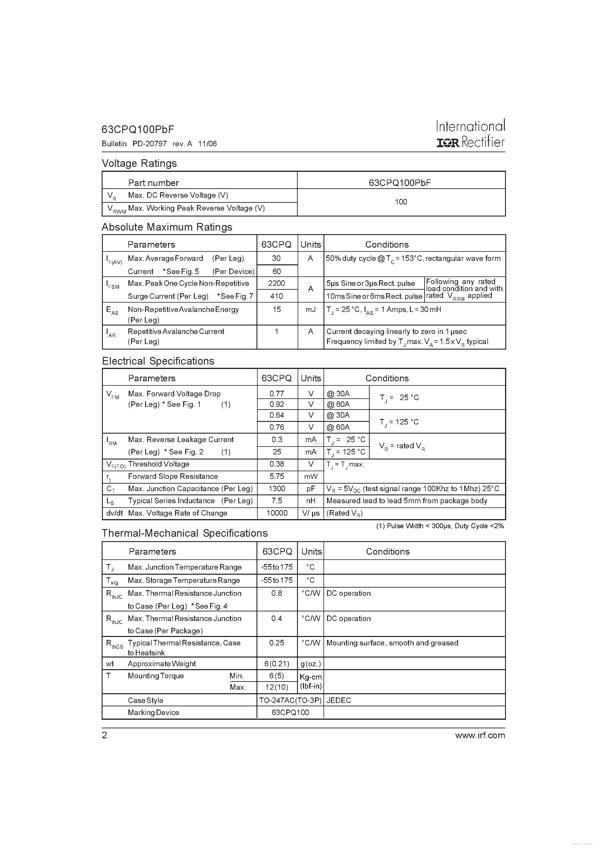 Datasheet 63CPQ100PBF - SCHOTTKY RECTIFIER page 2