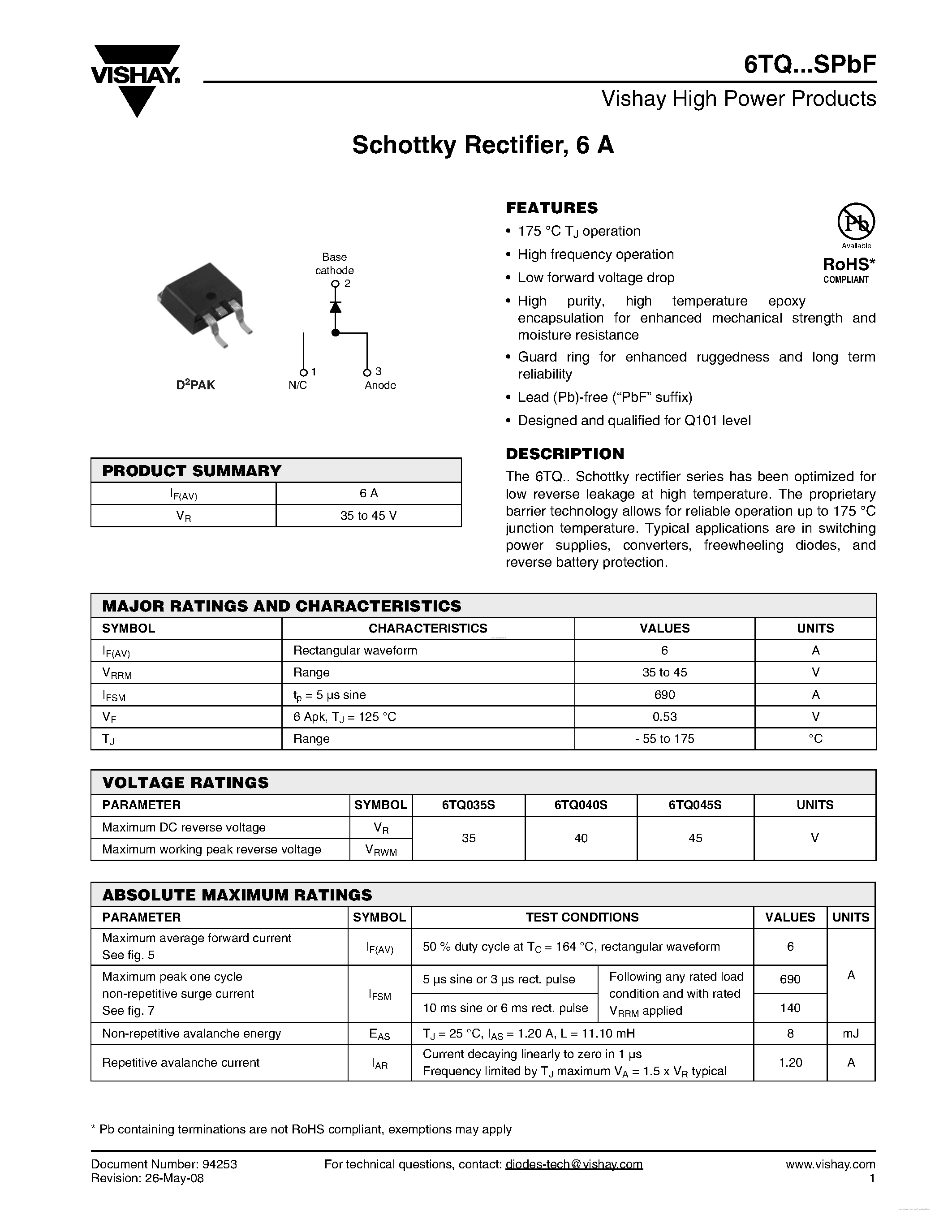Datasheet 6TQ035SPBF - Schottky Rectifier page 1