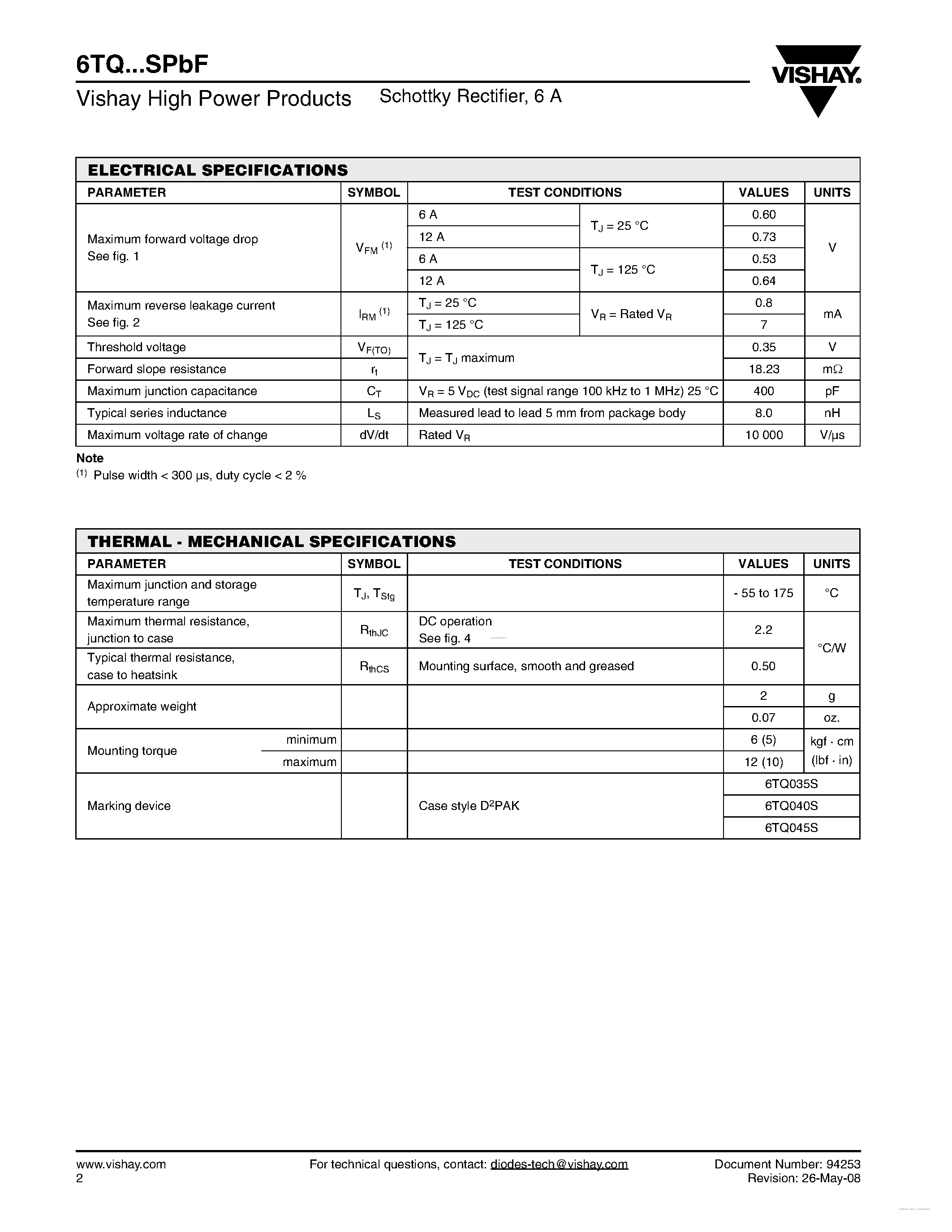 Datasheet 6TQ035SPBF - Schottky Rectifier page 2