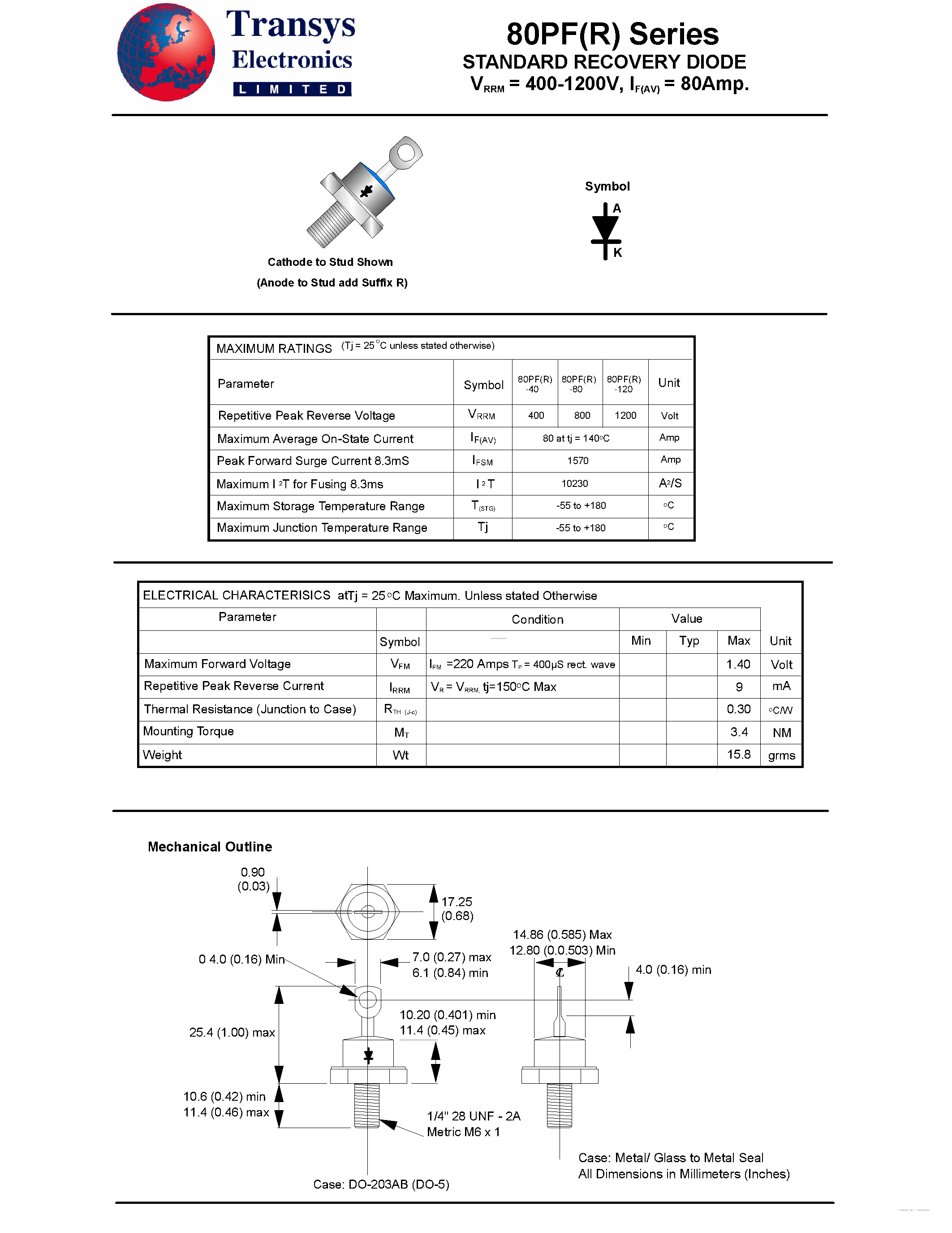 Datasheet 80PF page 1 Datasheet 80PF - STANDARD RECOVERY DIODE page 1