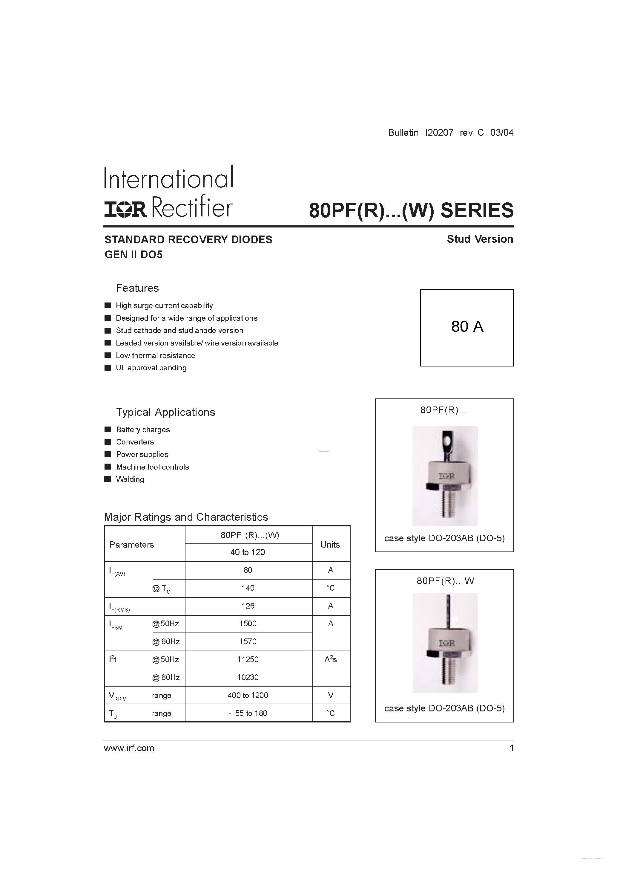 Даташит на микросхему 80PF120 страница 1 Даташит 80PF120 - STANDARD RECOVERY DIODES страница 1
