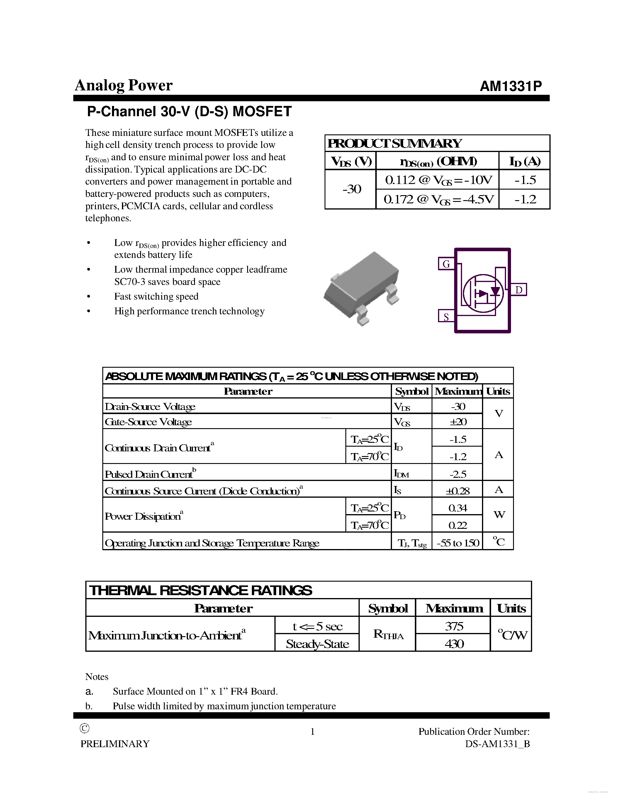 Даташит AM1331P - P-Channel 30-V (D-S) MOSFET страница 1