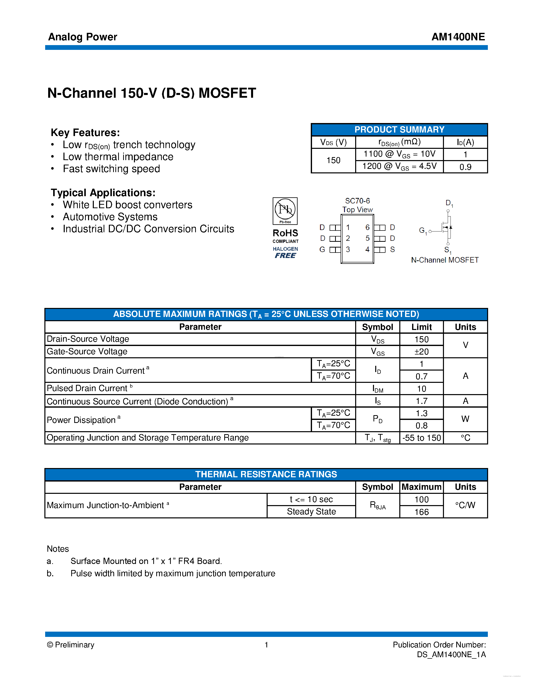 Даташит AM1400NE - N-Channel 150-V (D-S) MOSFET страница 1