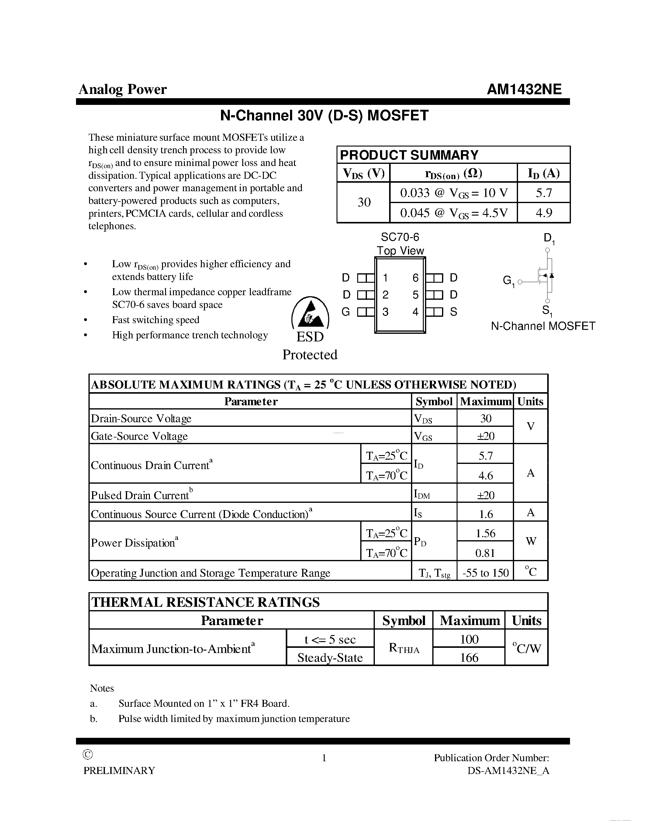 Datasheet AM1432NE page 1 Datasheet AM1432NE - N-Channel 30V (D-S) MOSFET page 1