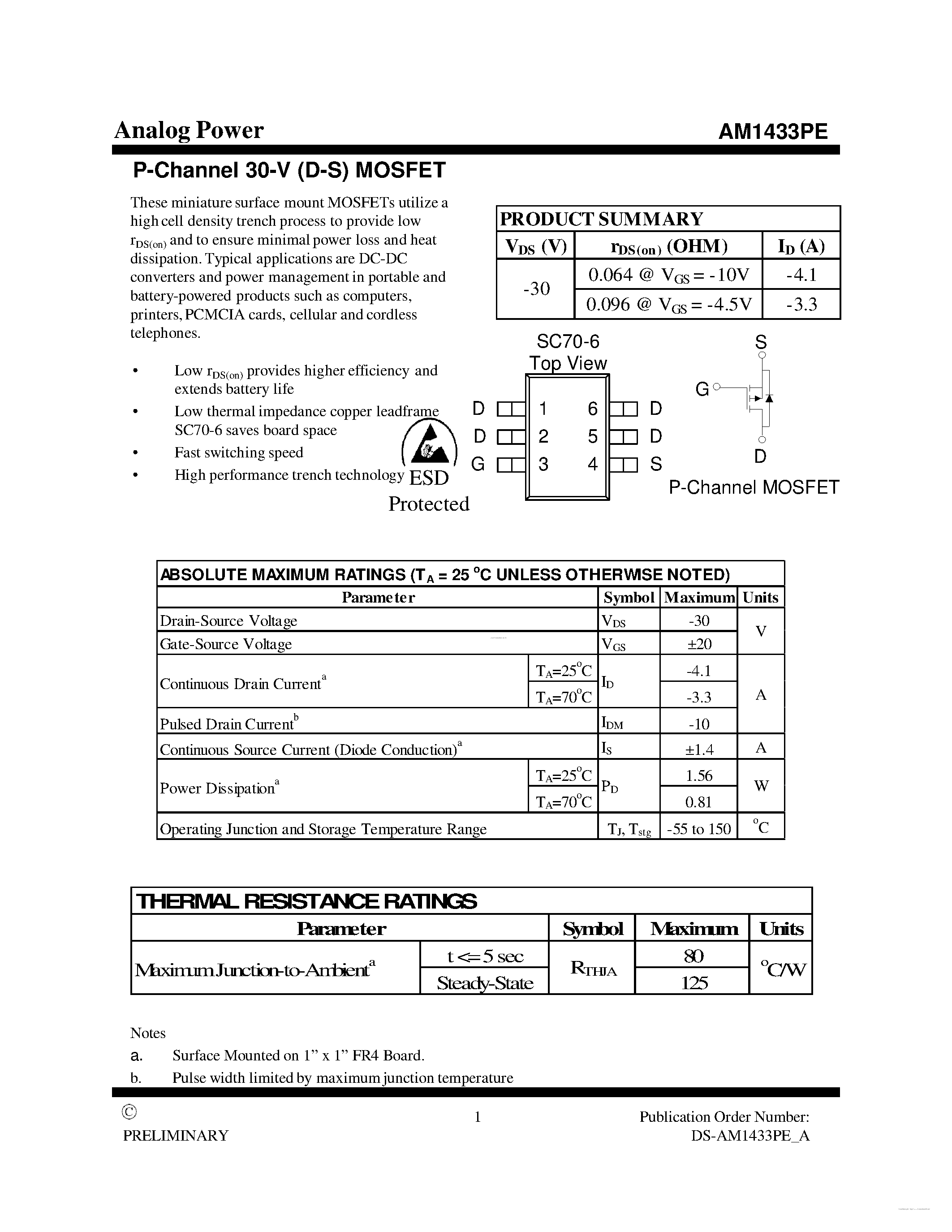 Datasheet AM1433PE - P-Channel 30-V (D-S) MOSFET page 1