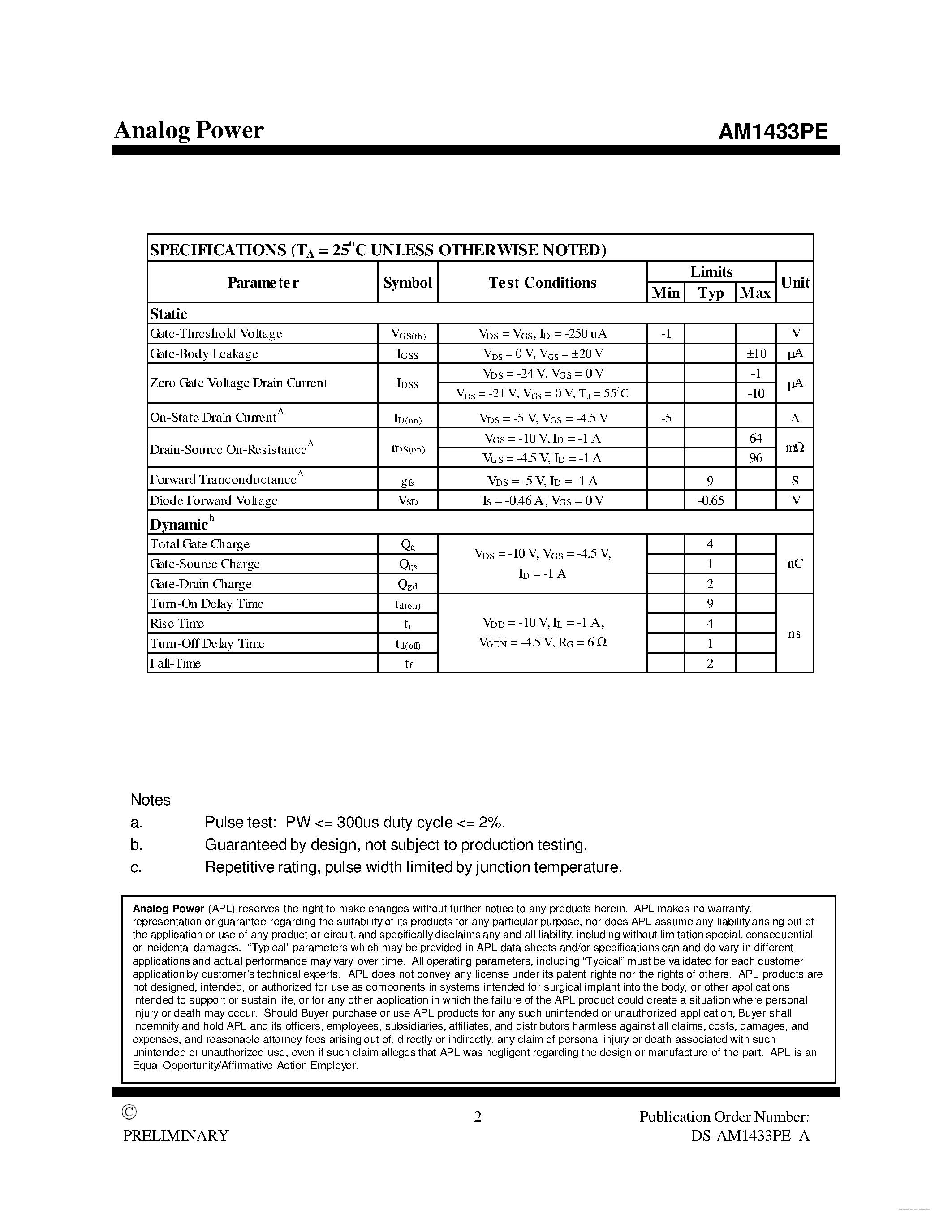 Datasheet AM1433PE - P-Channel 30-V (D-S) MOSFET page 2