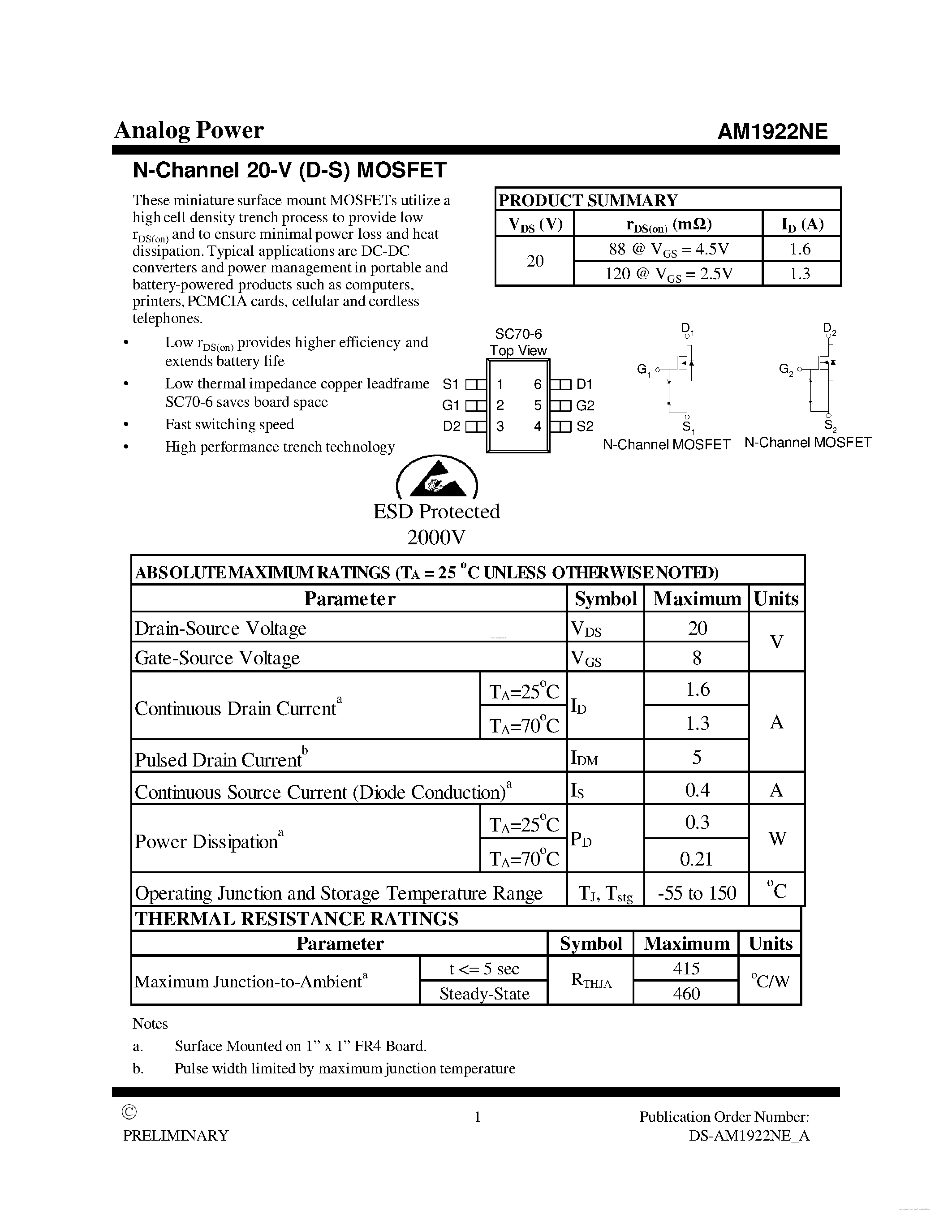 Datasheet AM1922NE - N-Channel 20-V (D-S) MOSFET page 1