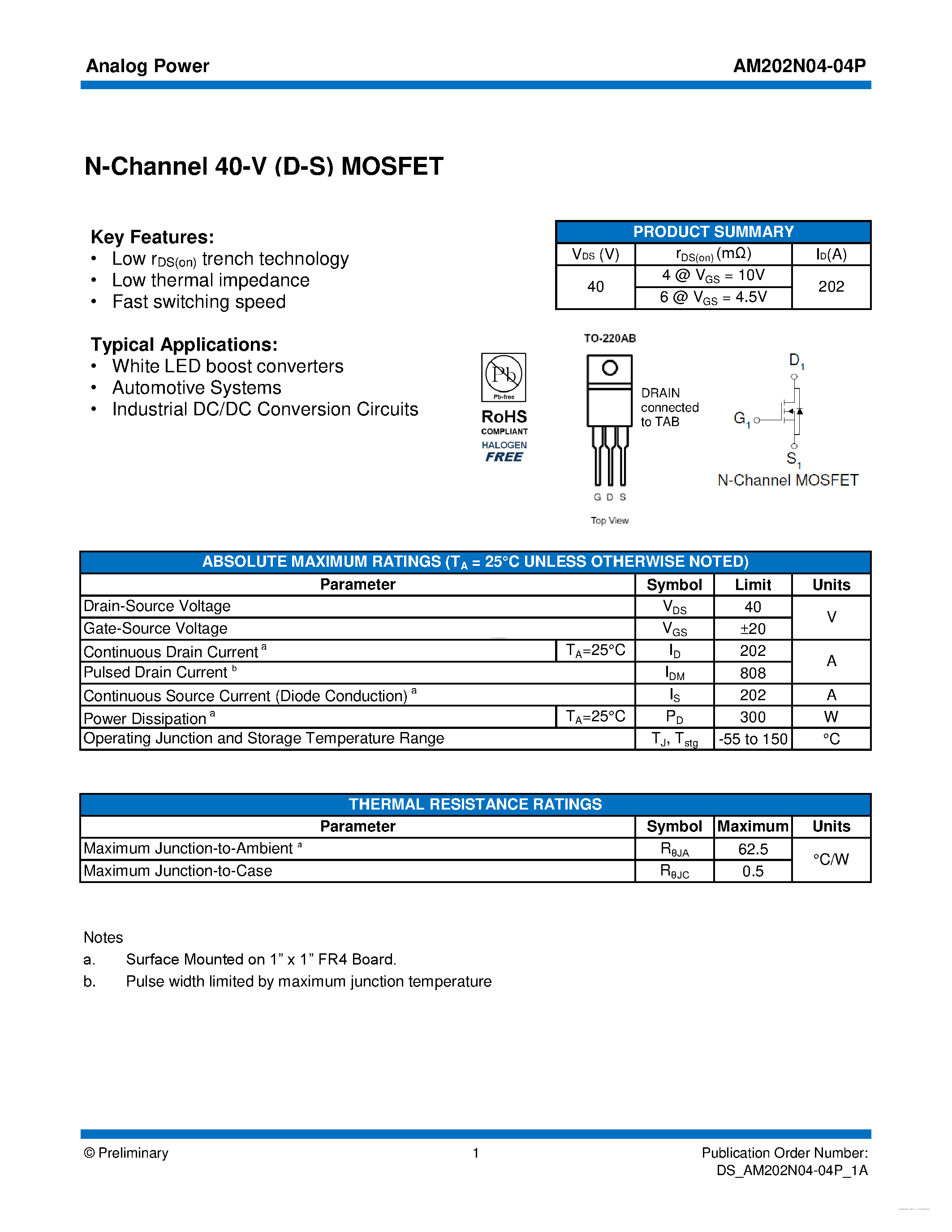 Datasheet AM202N04-04P page 1 Datasheet AM202N04-04P - N-Channel 40-V (D-S) MOSFET page 1