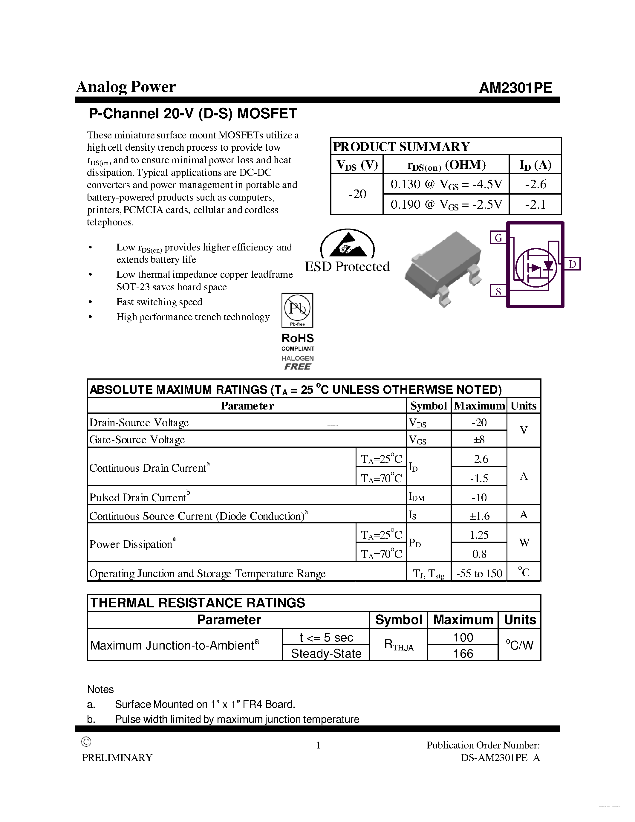 Datasheet AM2301PE page 1 Datasheet AM2301PE - P-Channel 20-V (D-S) MOSFET page 1