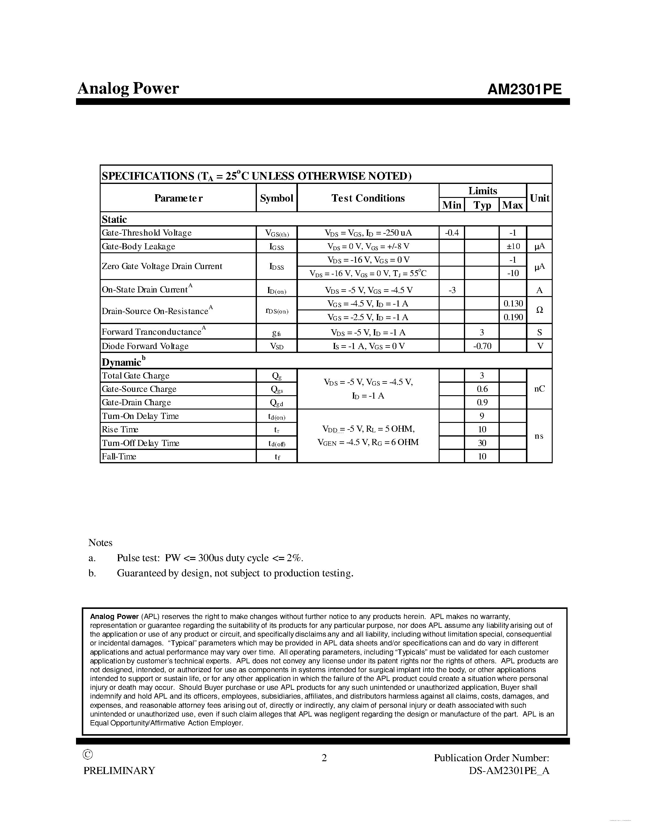 Datasheet AM2301PE page 2 Datasheet AM2301PE - P-Channel 20-V (D-S) MOSFET page 2