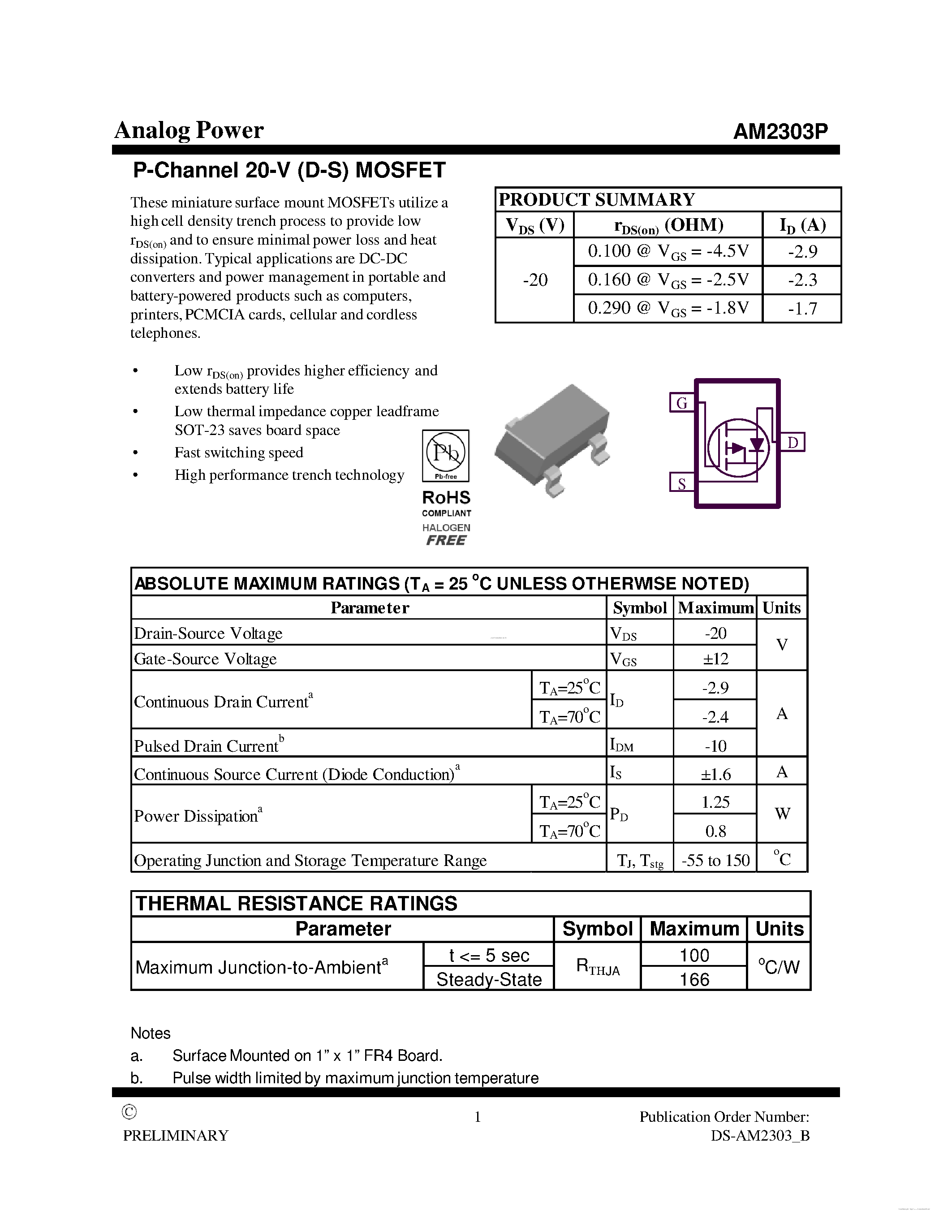 Datasheet AM2303P - P-Channel 20-V (D-S) MOSFET page 1