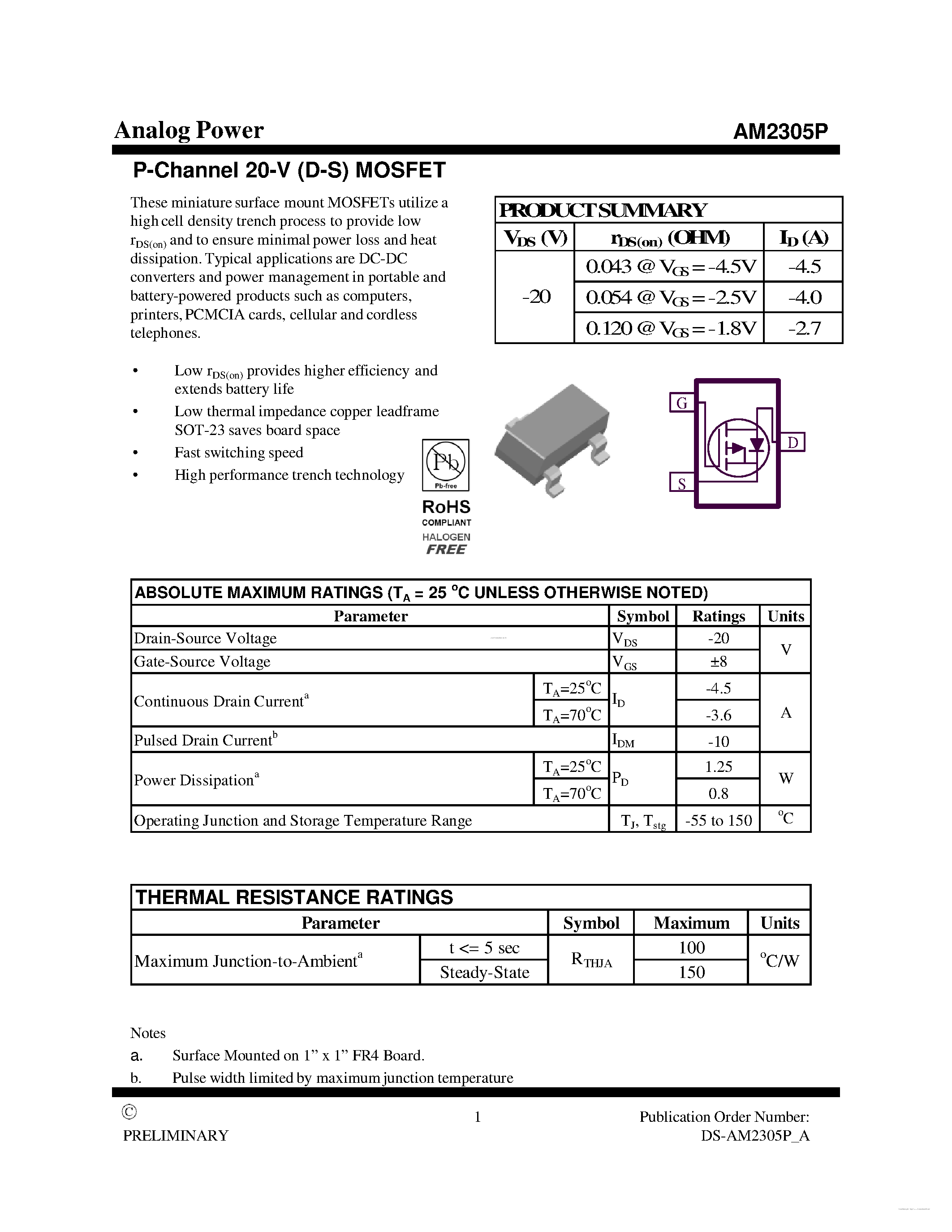 Datasheet AM2305P - P-Channel 20-V (D-S) MOSFET page 1