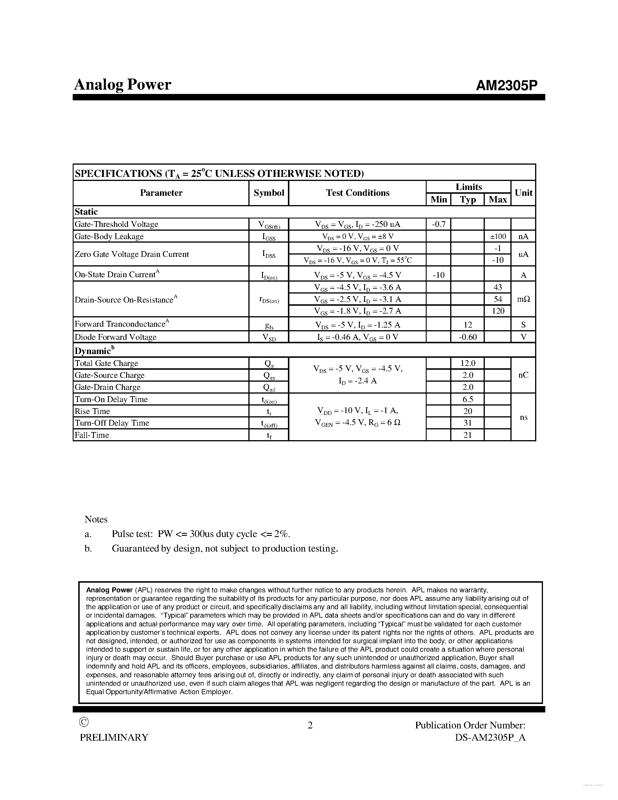 Datasheet AM2305P - P-Channel 20-V (D-S) MOSFET page 2