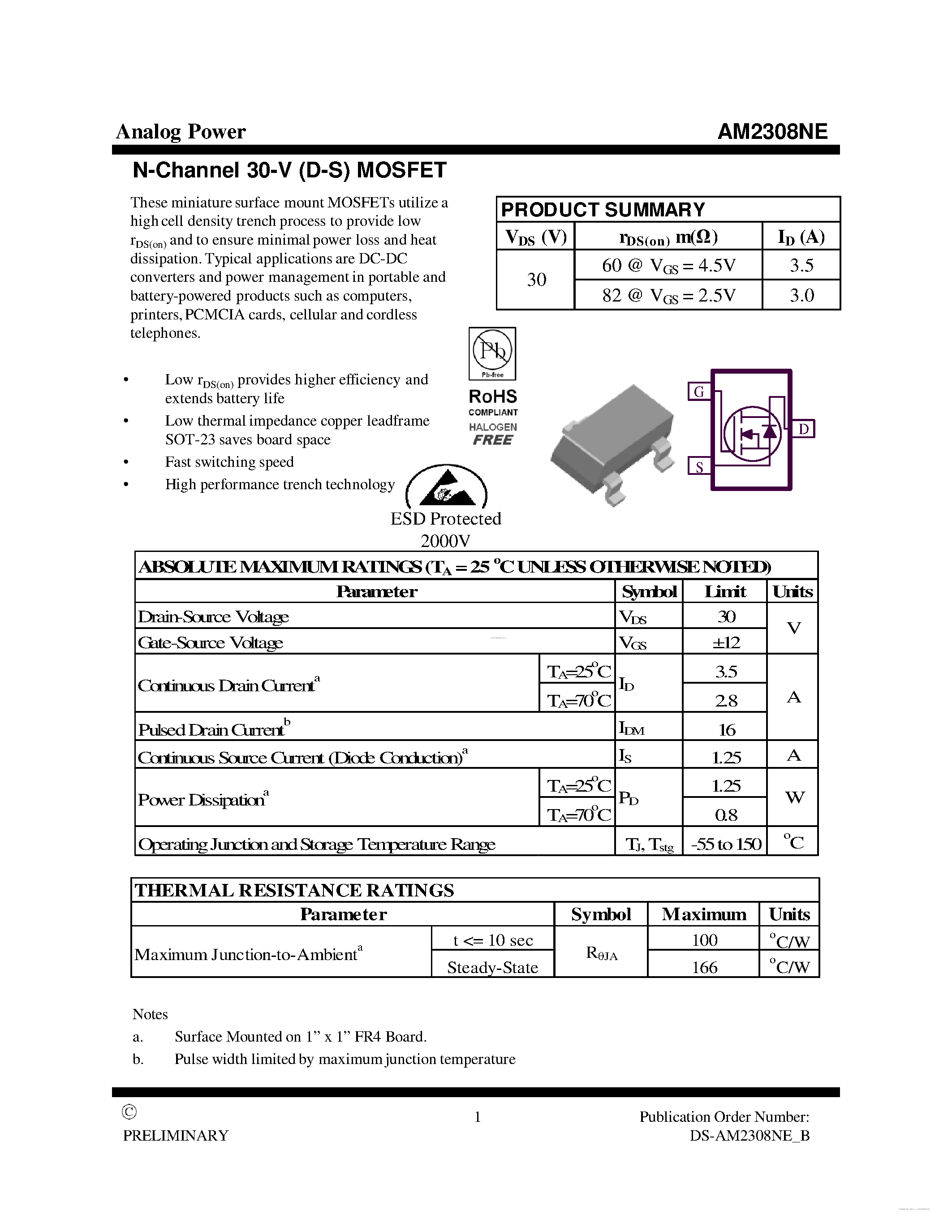 Datasheet AM2308NE page 1 Datasheet AM2308NE - N-Channel 30-V (D-S) MOSFET page 1