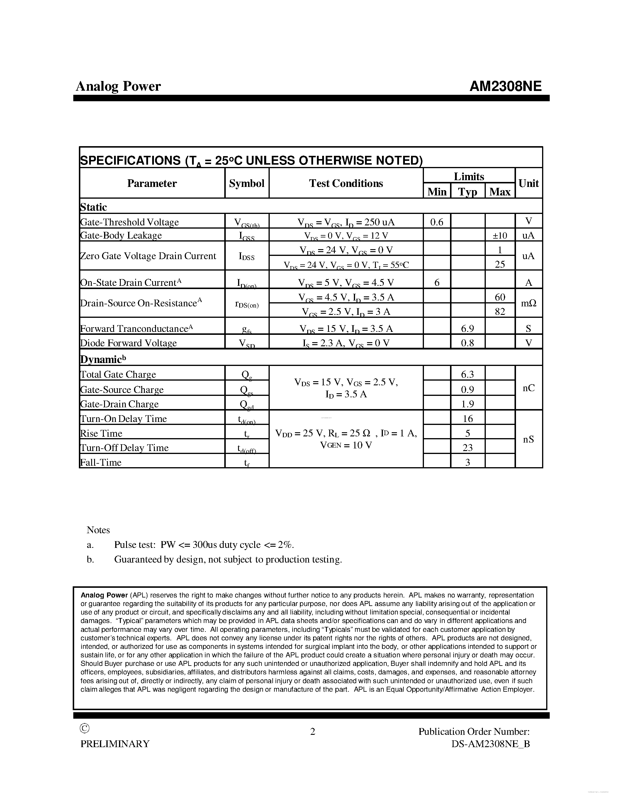 Datasheet AM2308NE page 2 Datasheet AM2308NE - N-Channel 30-V (D-S) MOSFET page 2