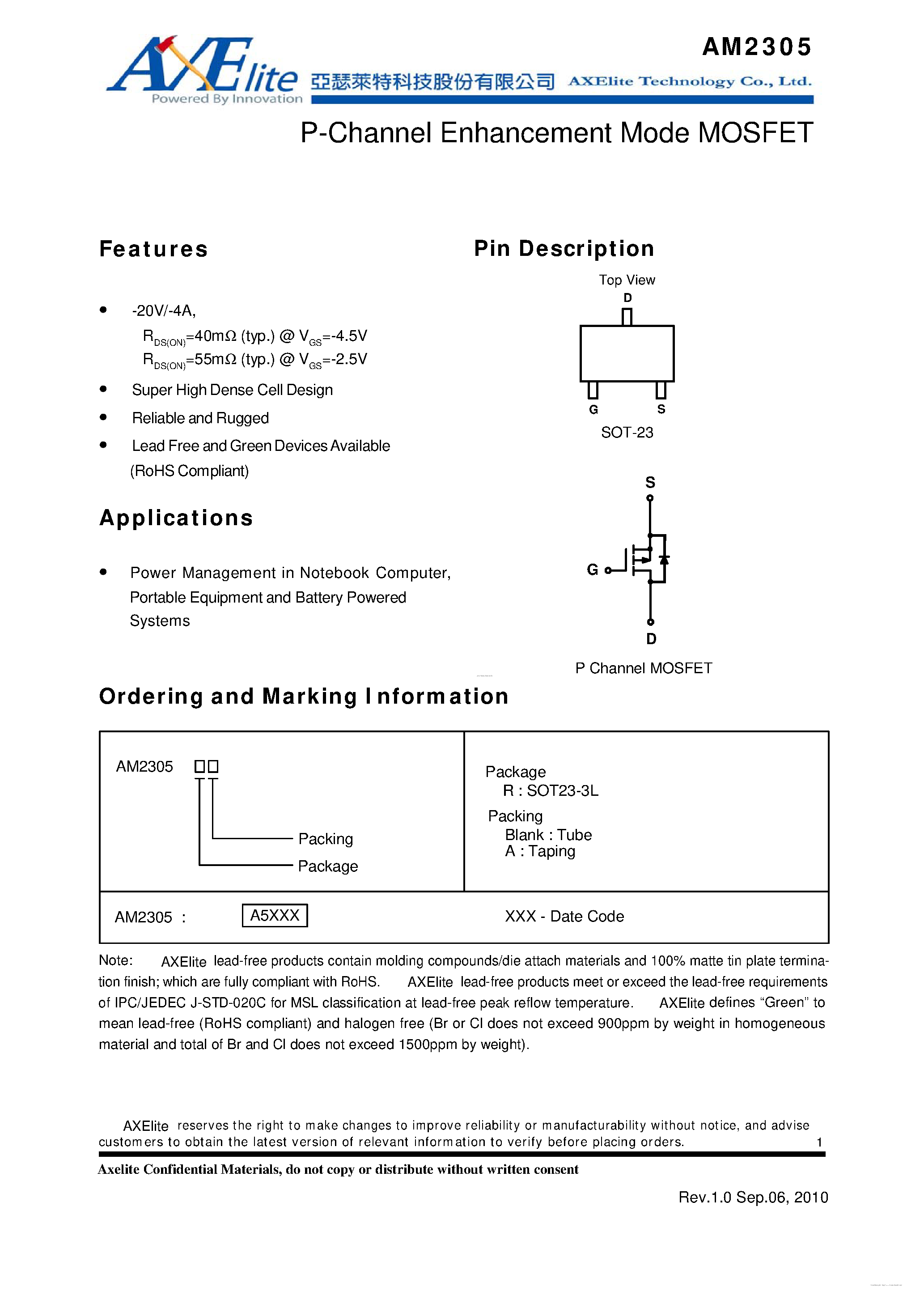 Даташит на микросхему AM2305 страница 1 Даташит AM2305 - P-Channel Enhancement Mode MOSFET страница 1