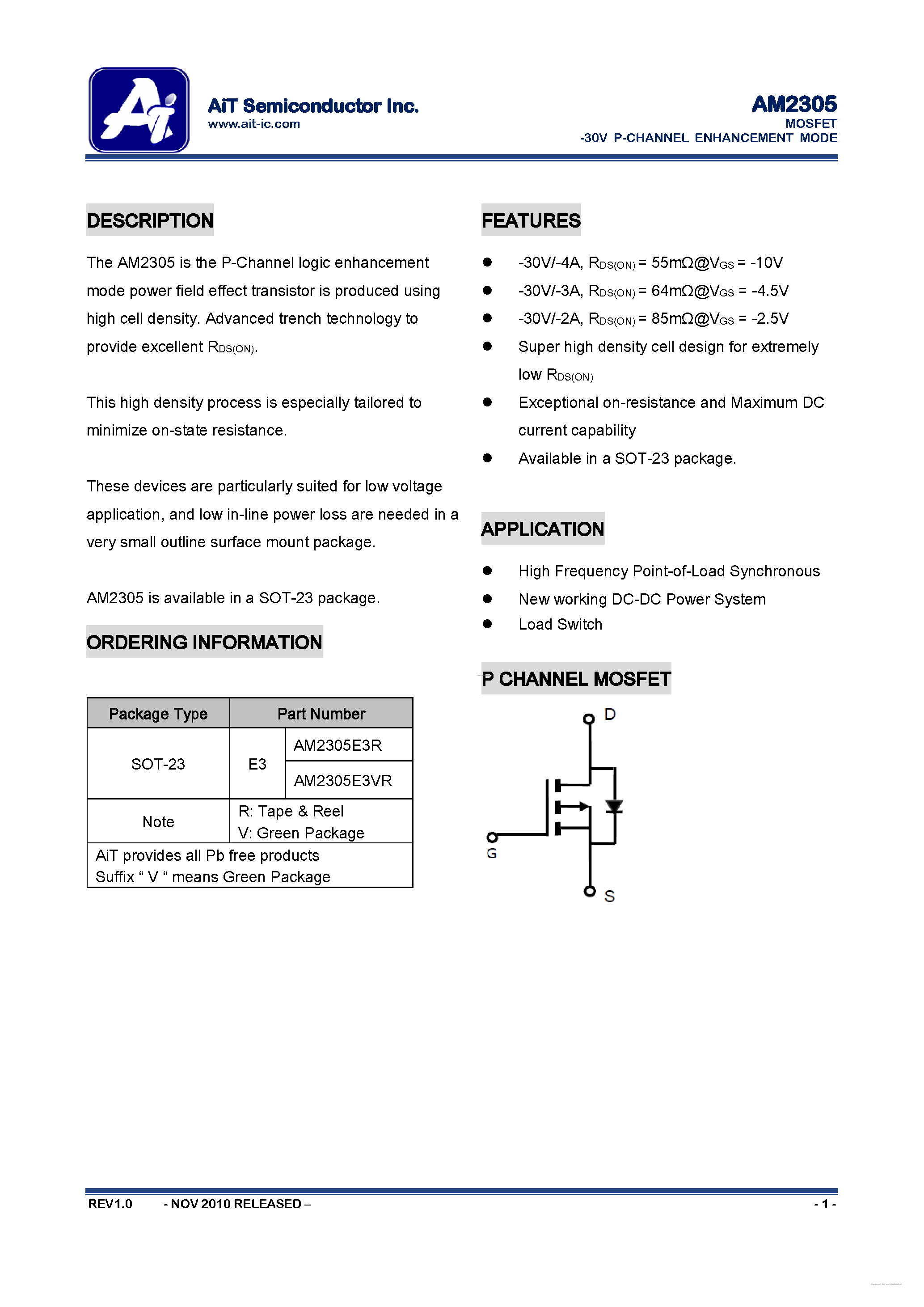 Datasheet AM2305 page 1 Datasheet AM2305 - MOSFET -30V P-CHANNEL ENHANCEMENT MODE page 1