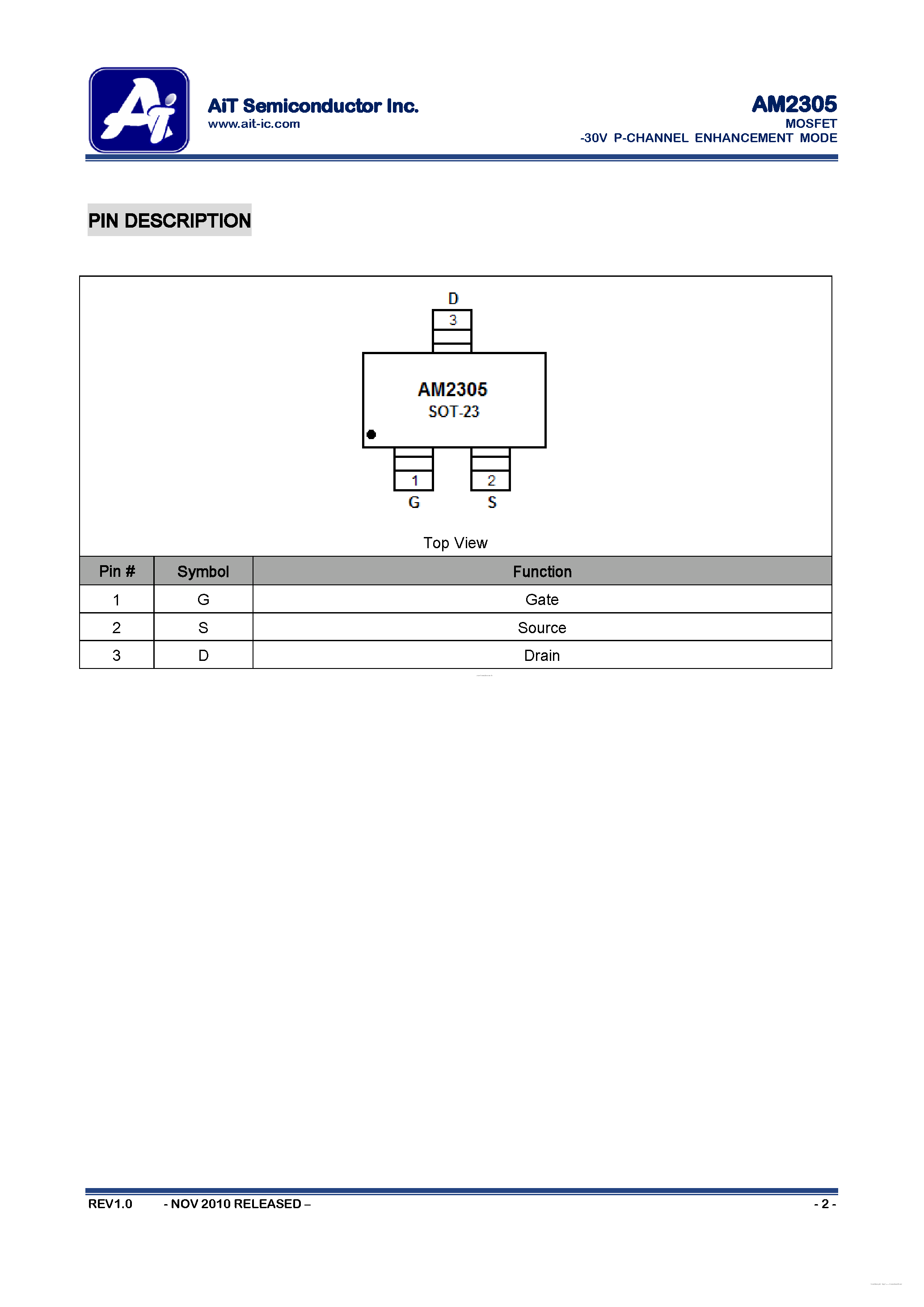 Datasheet AM2305 page 2 Datasheet AM2305 - MOSFET -30V P-CHANNEL ENHANCEMENT MODE page 2
