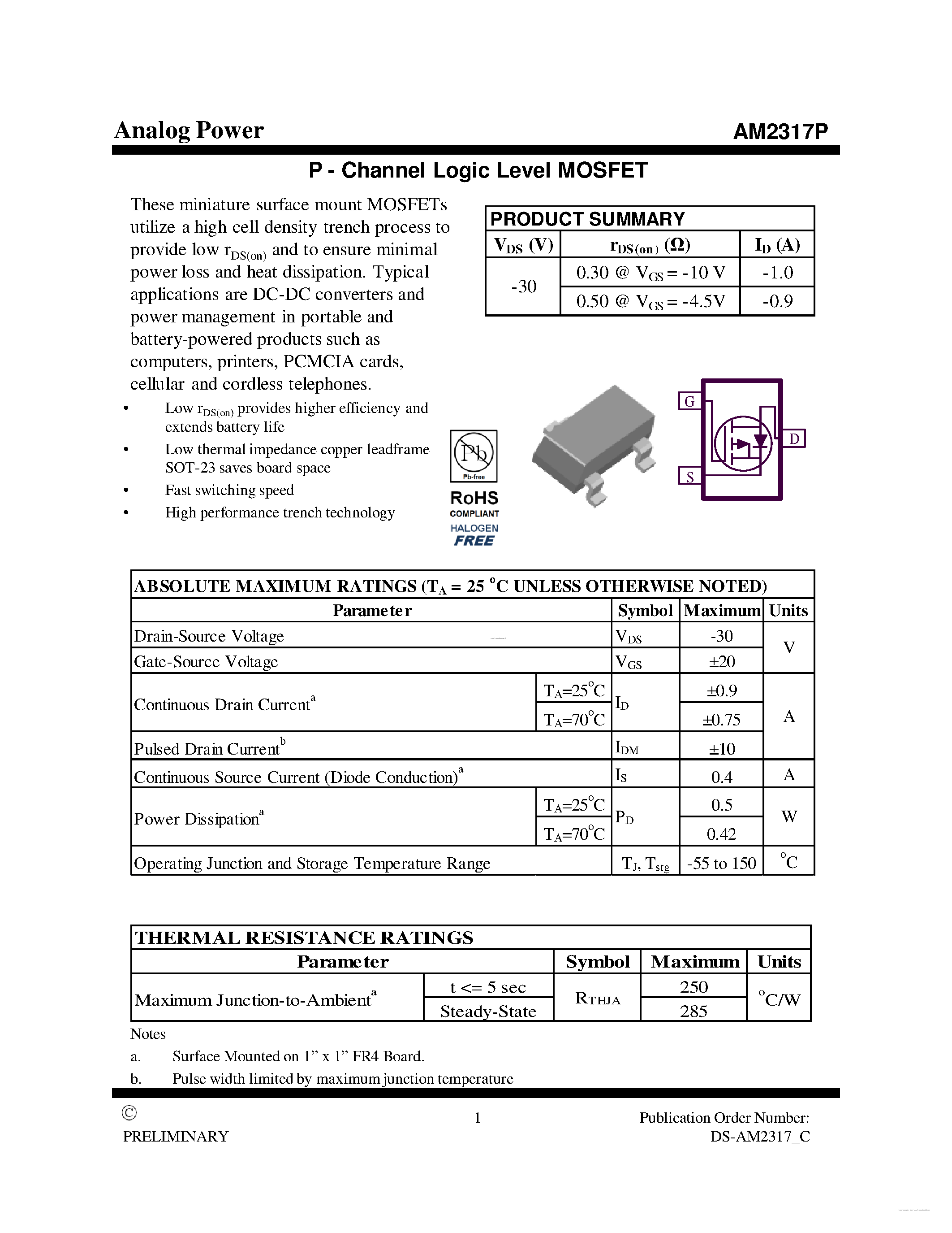 Datasheet AM2317P - P - Channel Logic Level MOSFET page 1