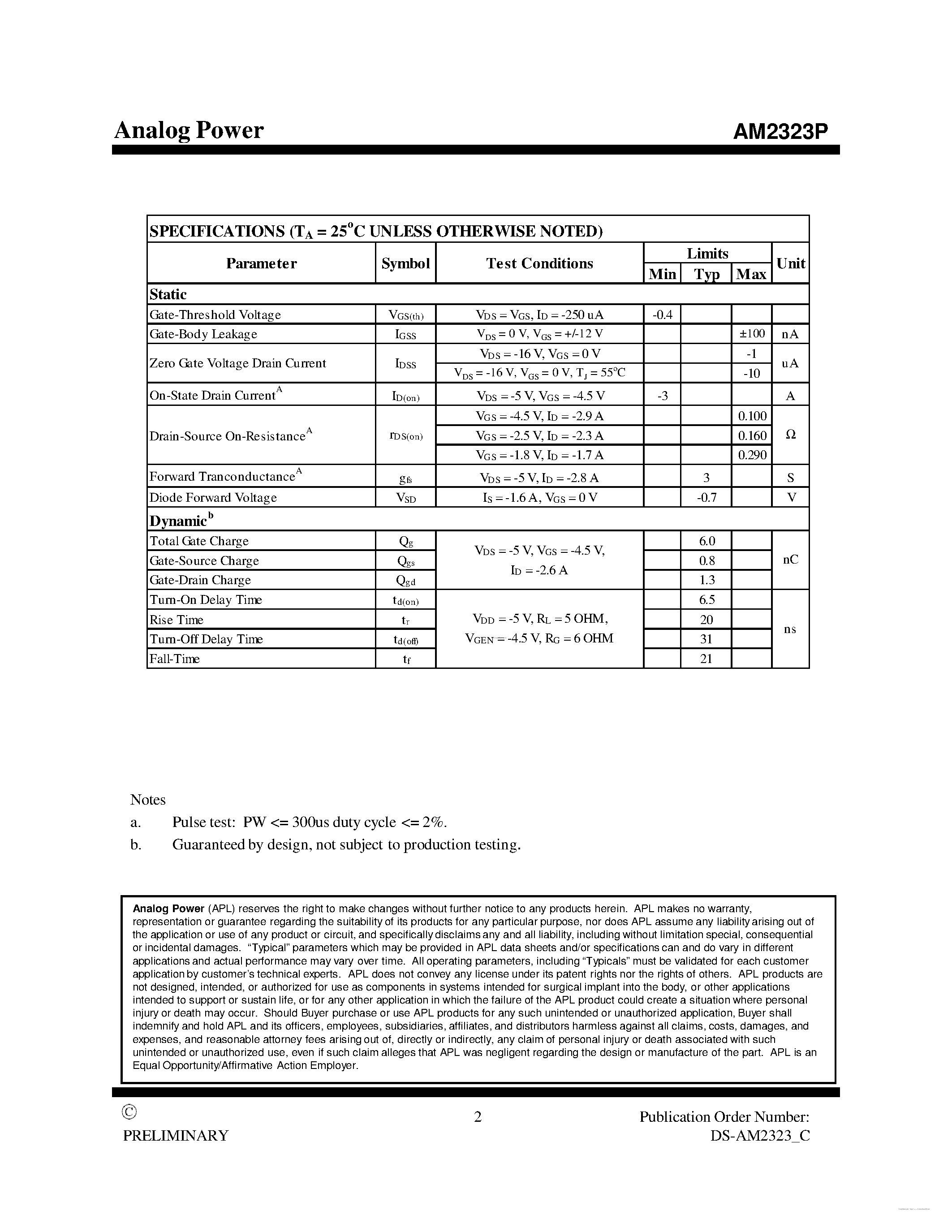 Datasheet AM2323P page 2 Datasheet AM2323P - P-Channel 20-V (D-S) MOSFET page 2