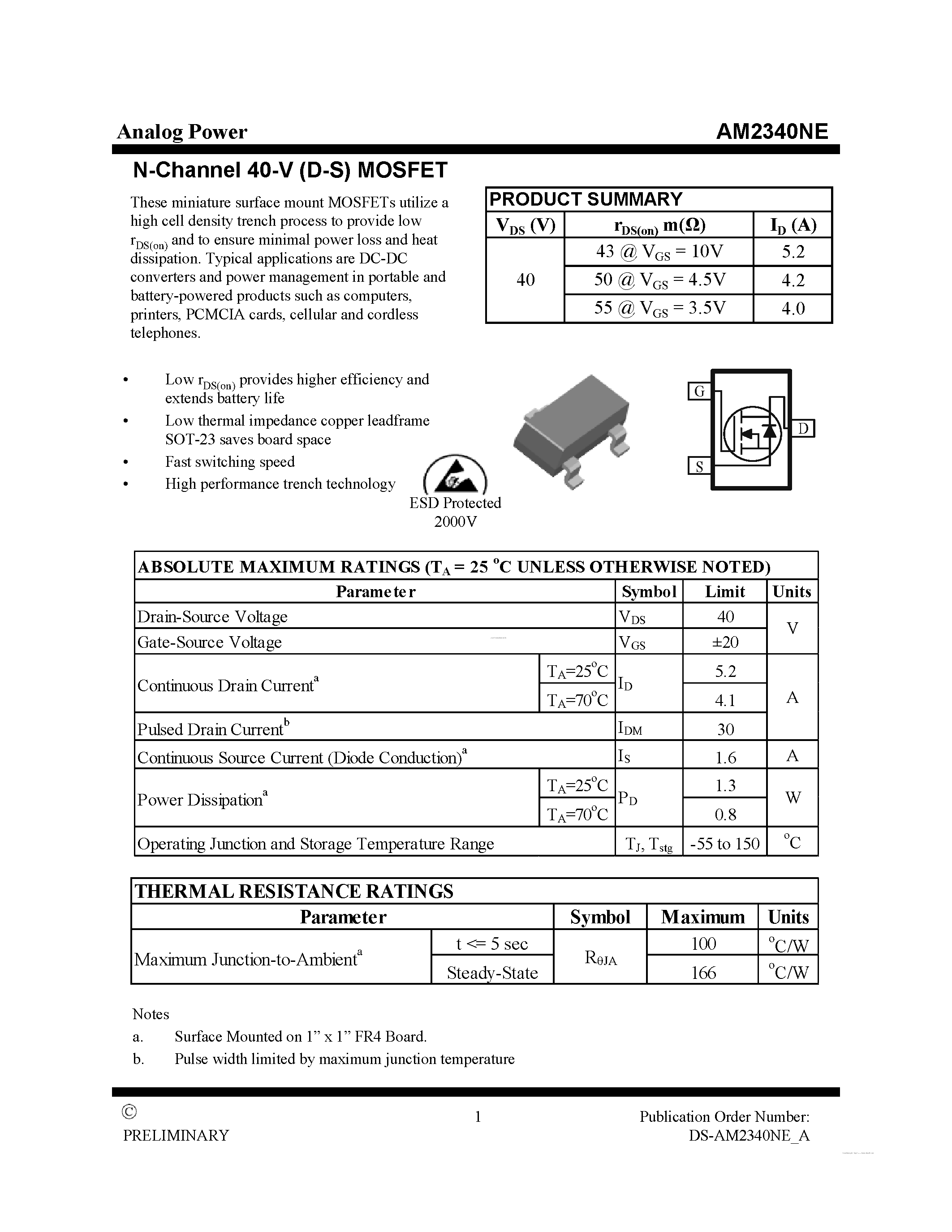 Datasheet AM2340NE page 1 Datasheet AM2340NE - N-Channel 40-V (D-S) MOSFET page 1