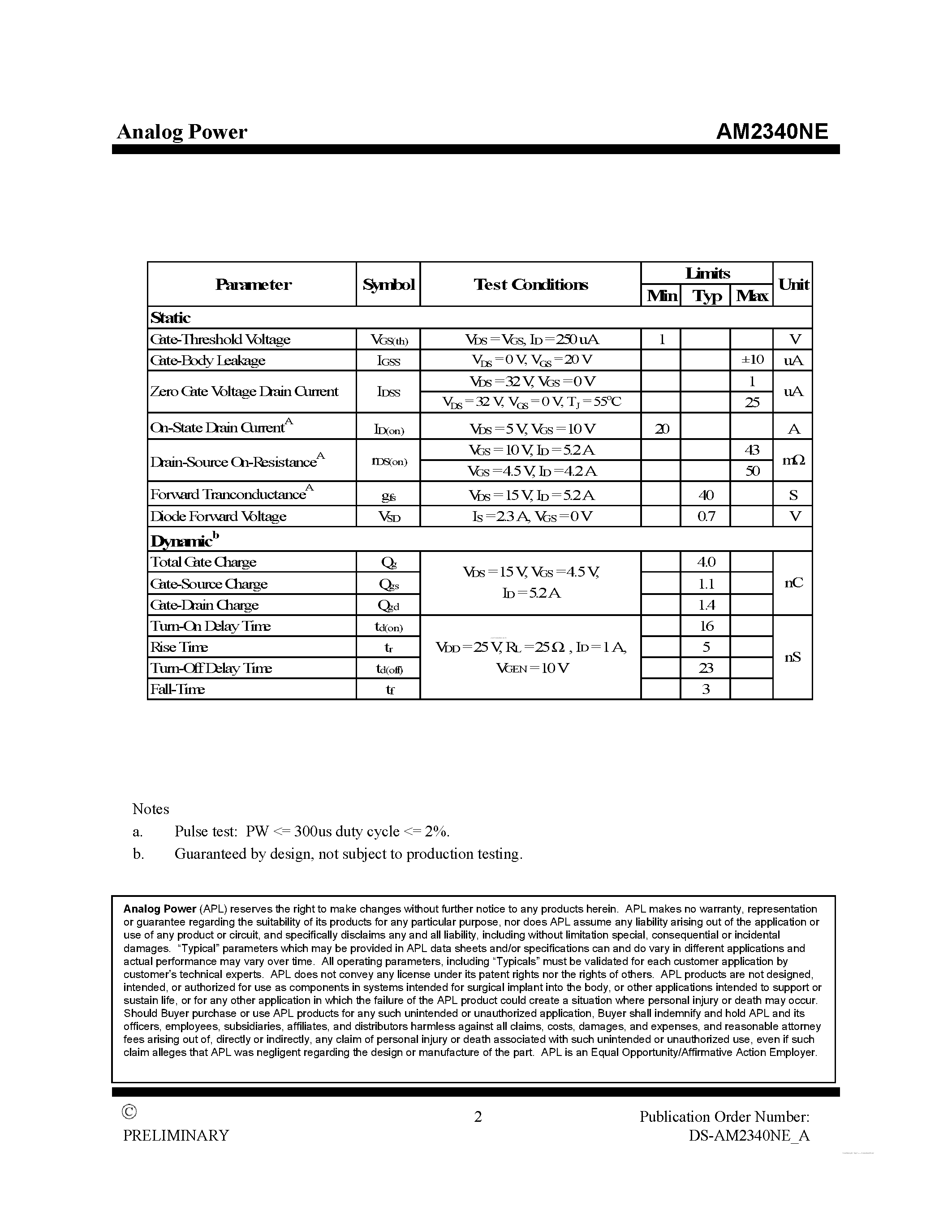 Datasheet AM2340NE page 2 Datasheet AM2340NE - N-Channel 40-V (D-S) MOSFET page 2