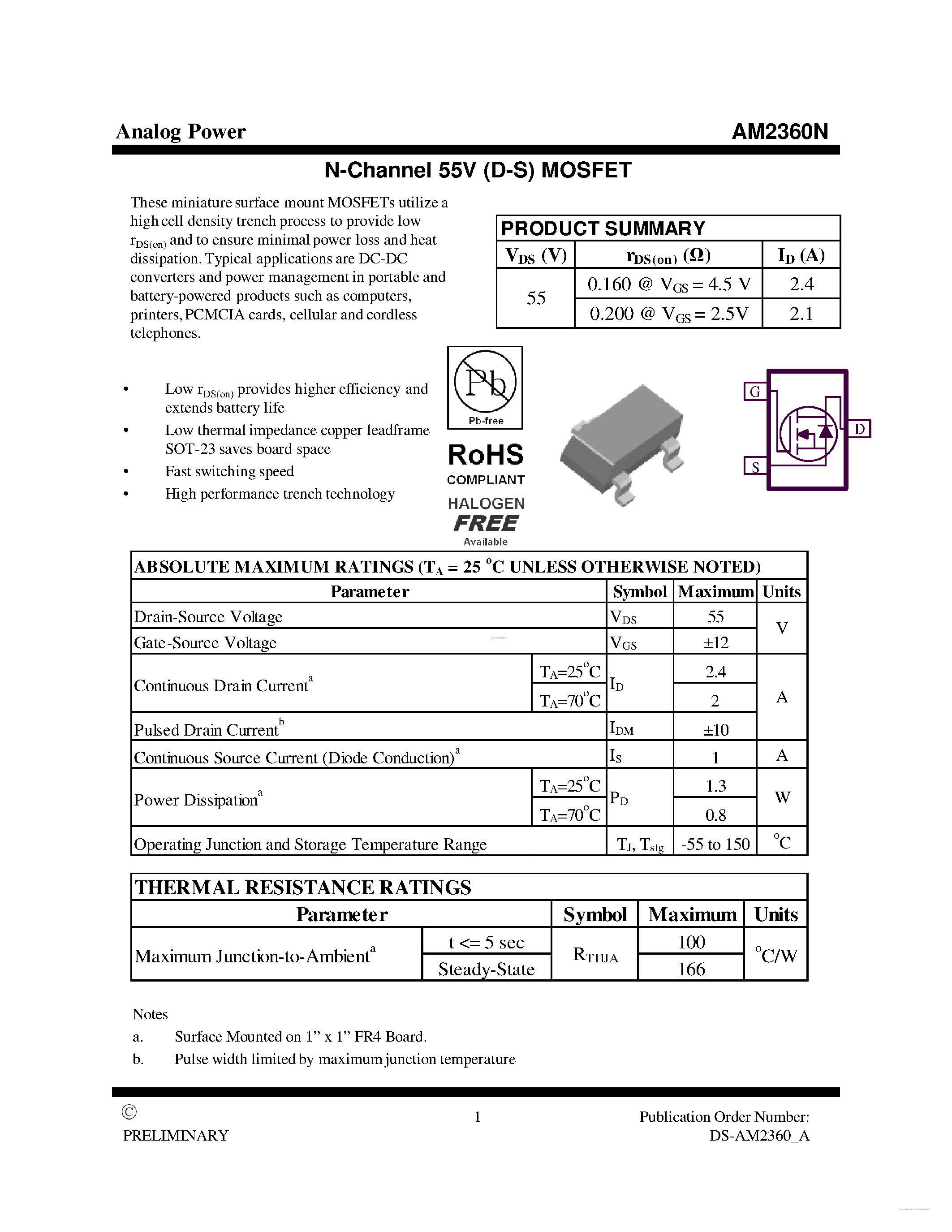 Datasheet AM2360N page 1 Datasheet AM2360N - N-Channel 55V (D-S) MOSFET page 1