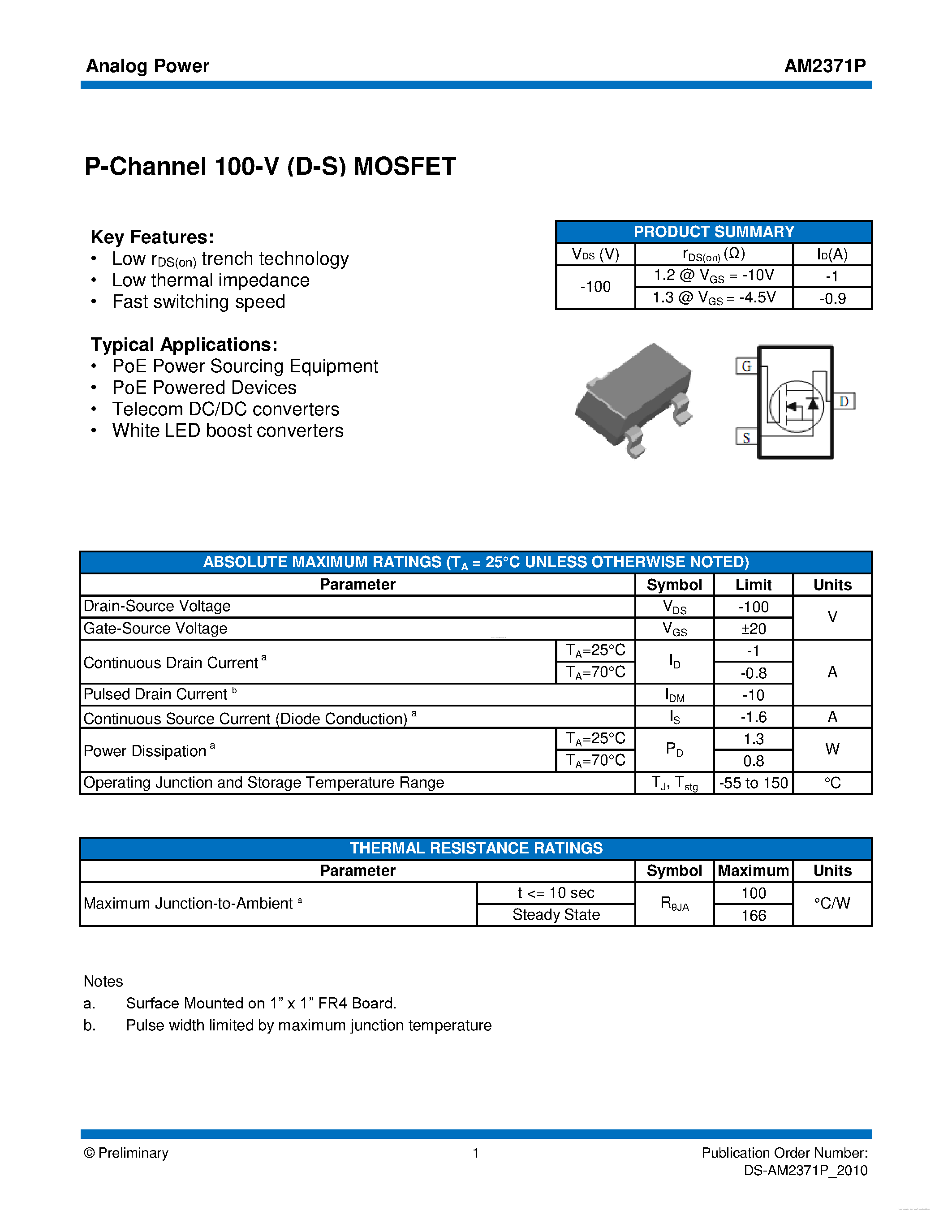 Datasheet AM2371P page 1 Datasheet AM2371P - P-Channel 100-V (D-S) MOSFET page 1