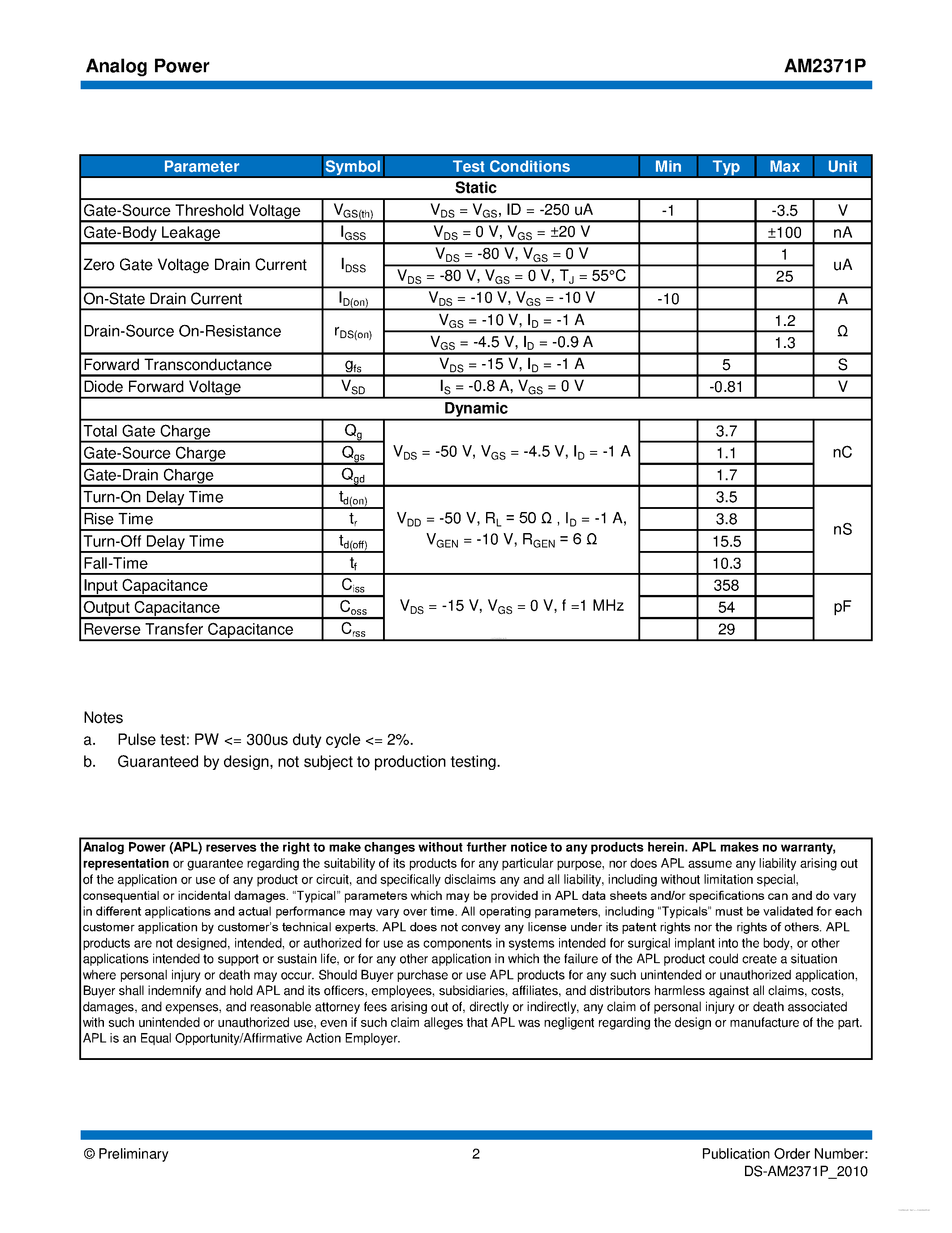 Datasheet AM2371P page 2 Datasheet AM2371P - P-Channel 100-V (D-S) MOSFET page 2