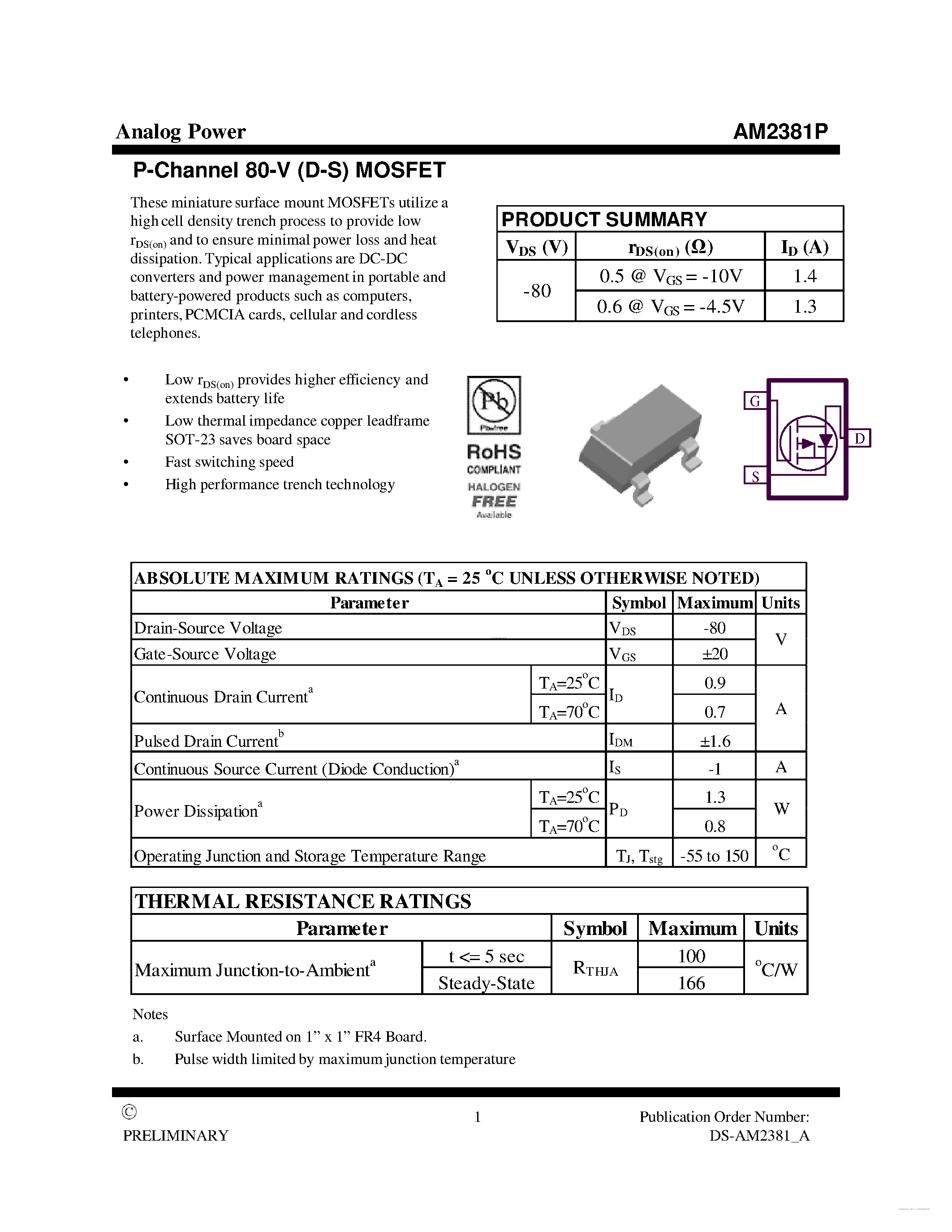 Datasheet AM2381P - P-Channel 80-V (D-S) MOSFET page 1