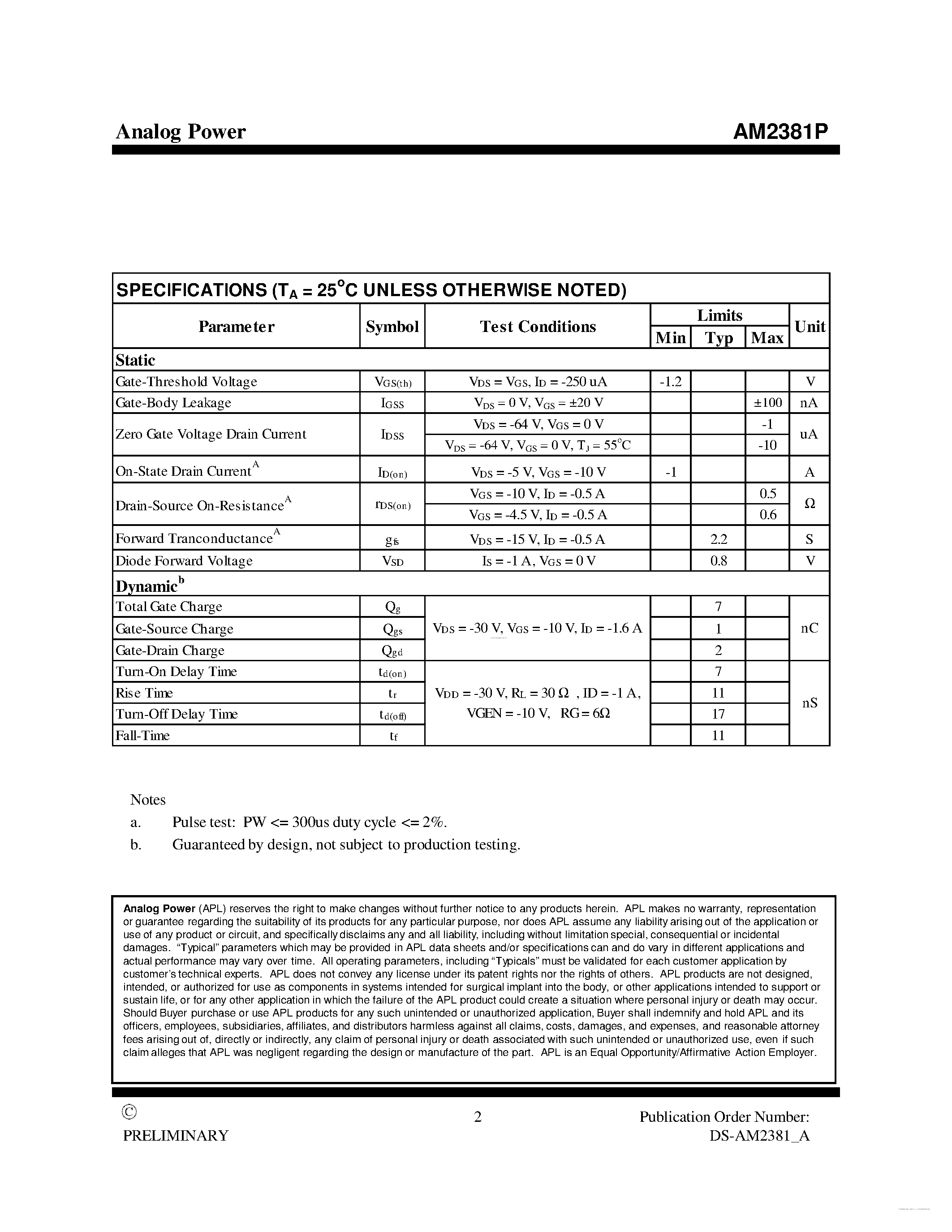Datasheet AM2381P - P-Channel 80-V (D-S) MOSFET page 2