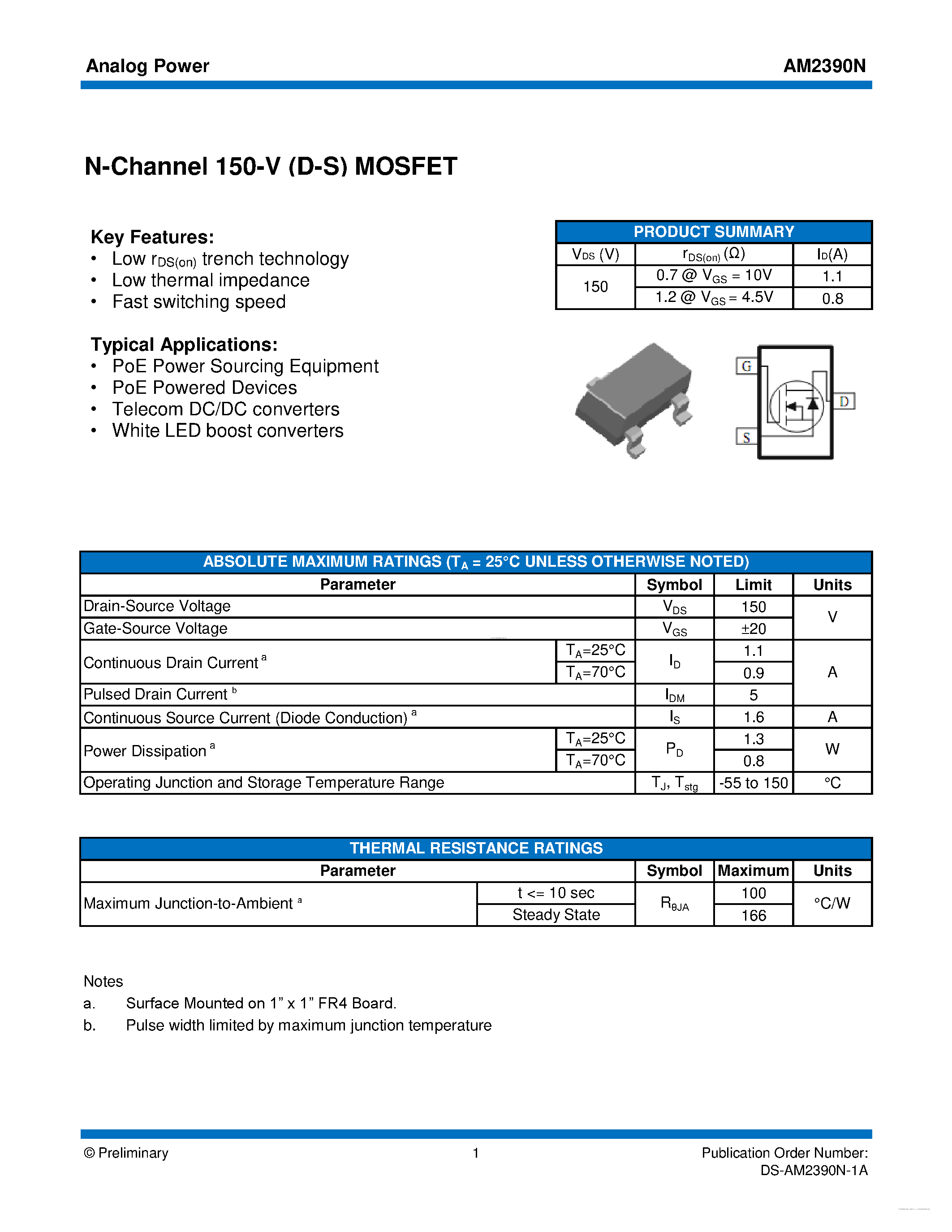 Datasheet AM2390N - N-Channel 150-V (D-S) MOSFET page 1