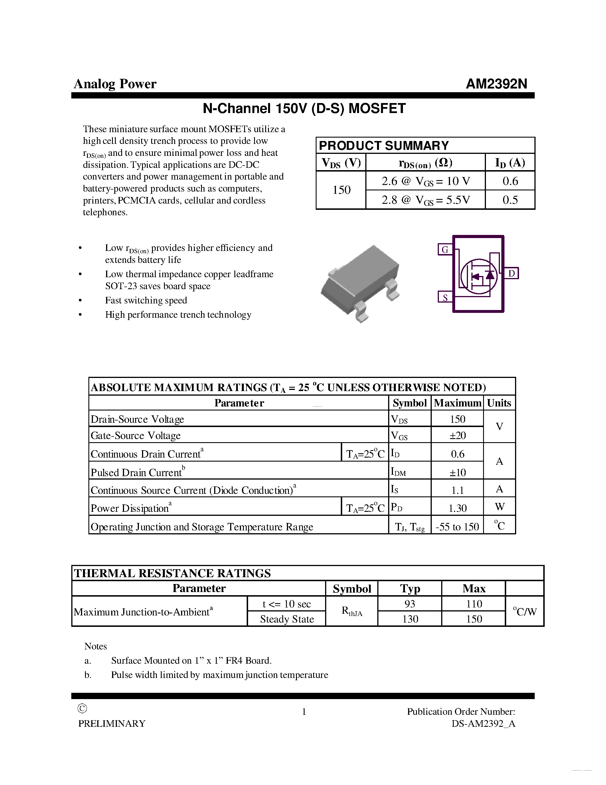 Datasheet AM2392N - N-Channel 150-V (D-S) MOSFET page 1