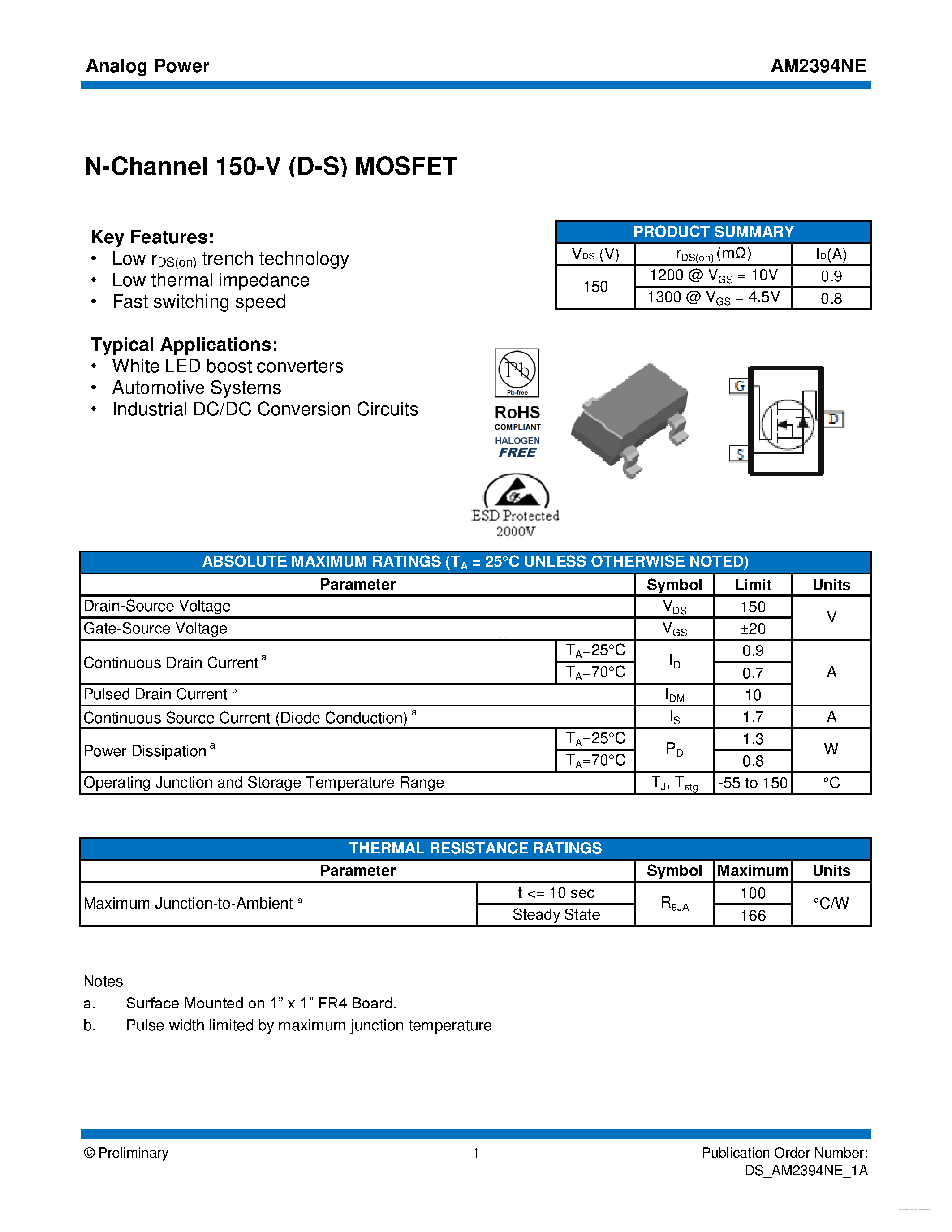 Datasheet AM2394NE - N-Channel 150-V (D-S) MOSFET page 1