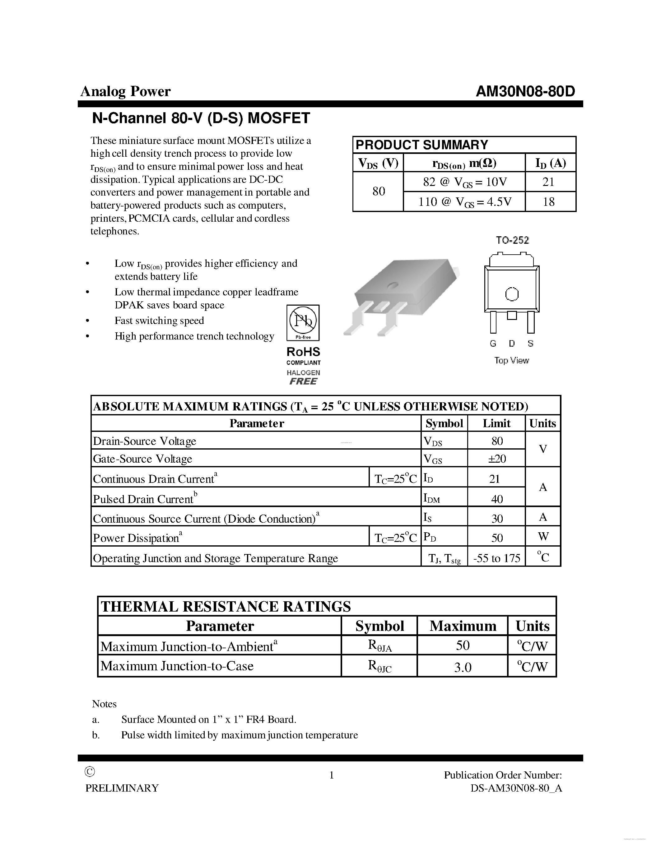 Datasheet AM30N08-80D - MOSFET page 1