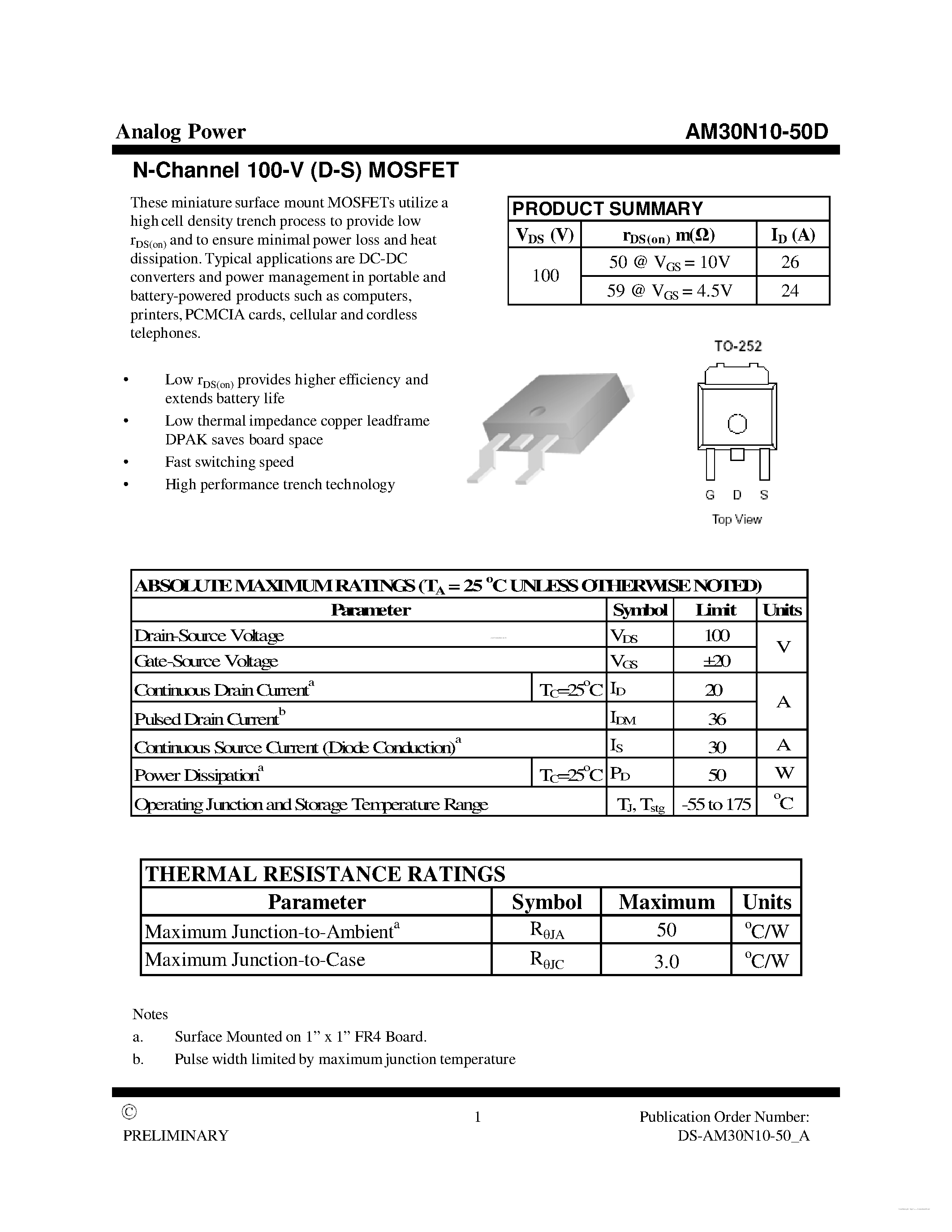 Даташит на микросхему AM30N10-50D страница 1 Даташит AM30N10-50D - MOSFET страница 1