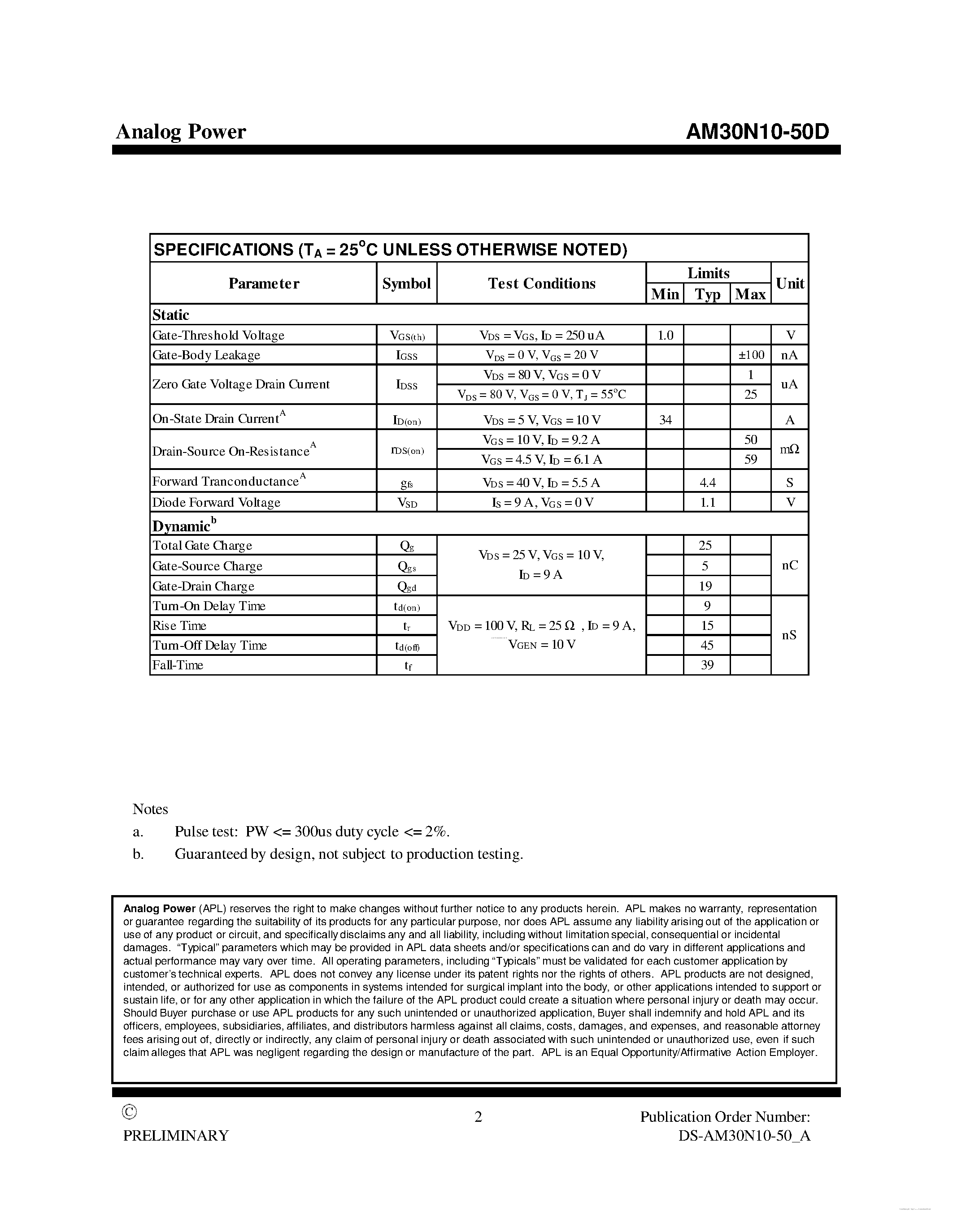 Даташит на микросхему AM30N10-50D страница 2 Даташит AM30N10-50D - MOSFET страница 2