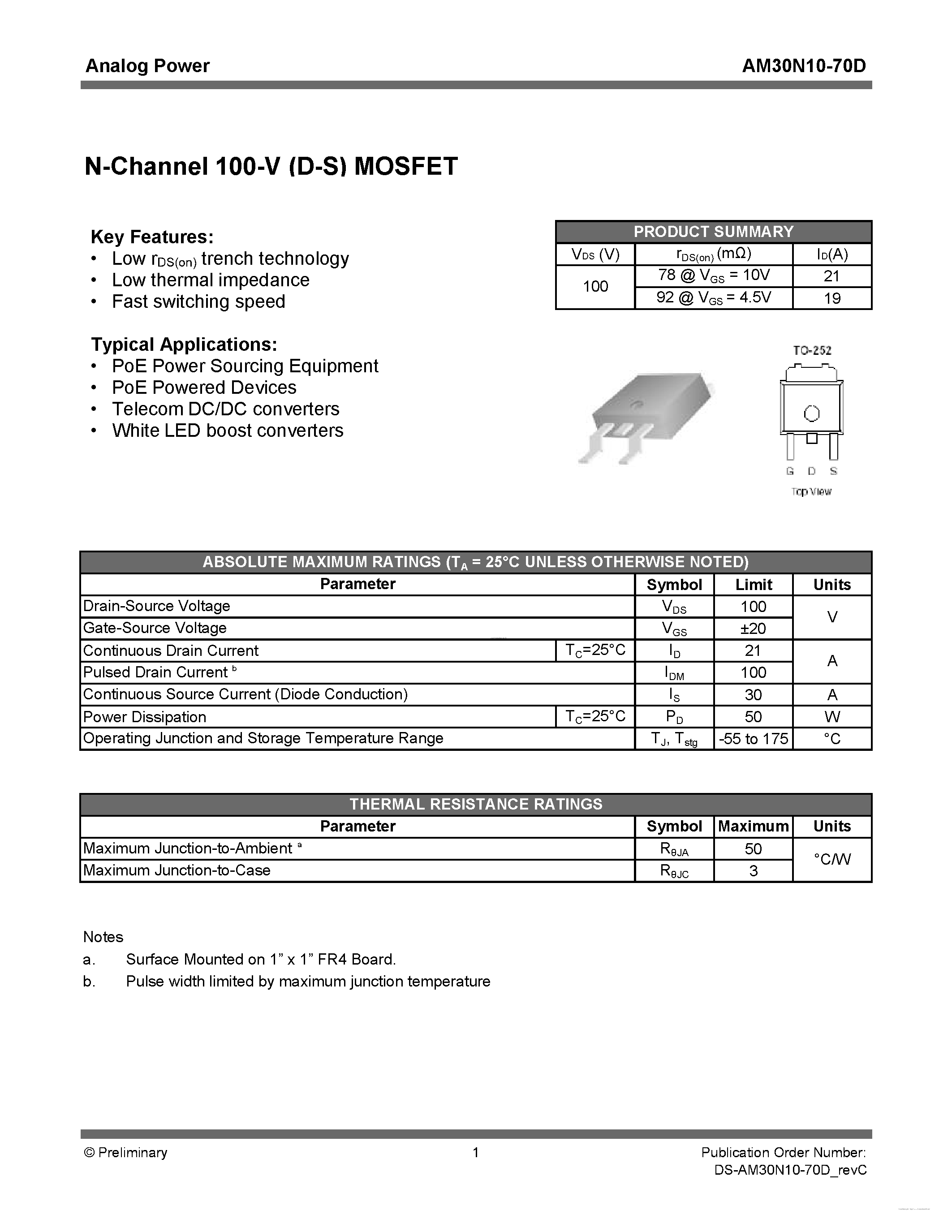 Даташит AM30N10-70D - MOSFET страница 1
