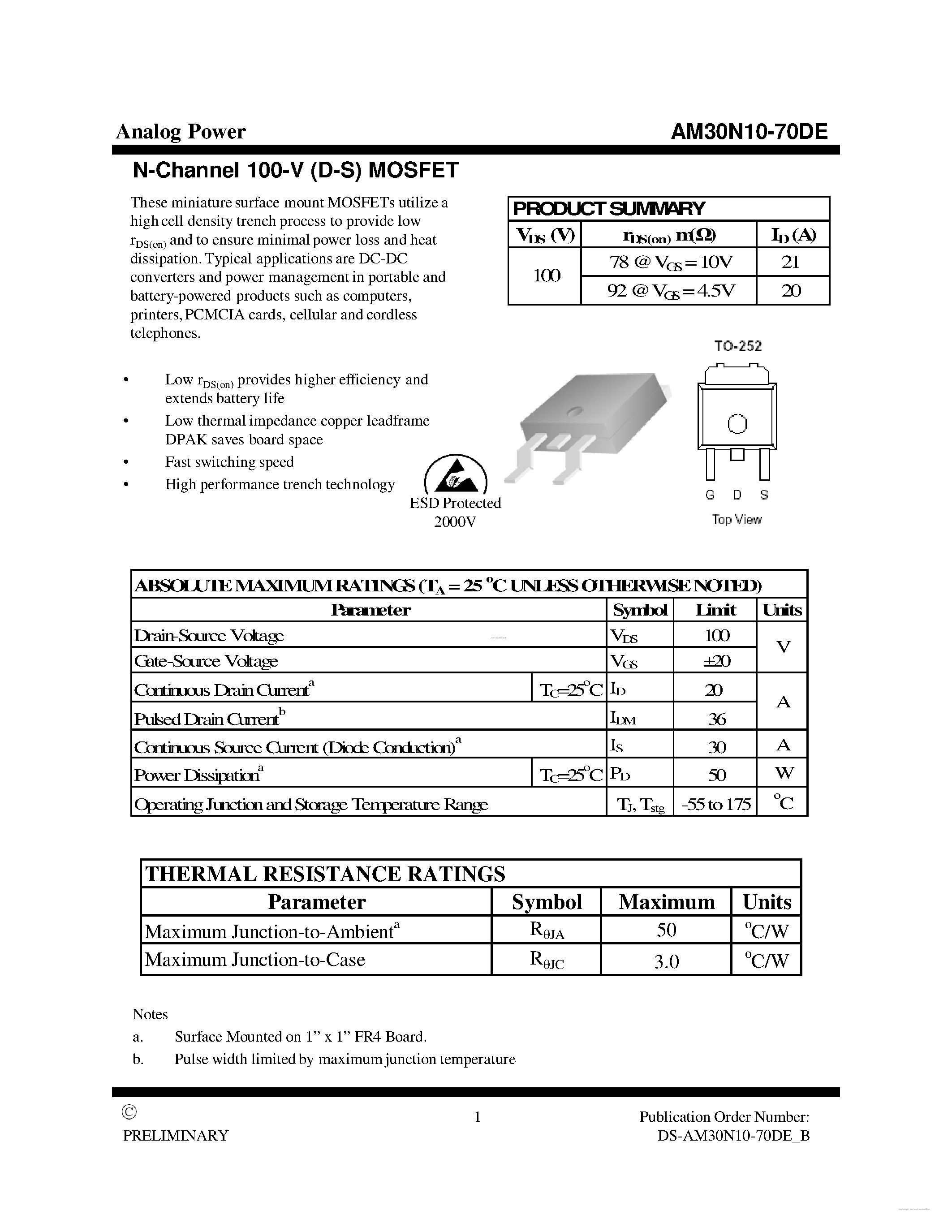 Datasheet AM30N10-70DE - MOSFET page 1
