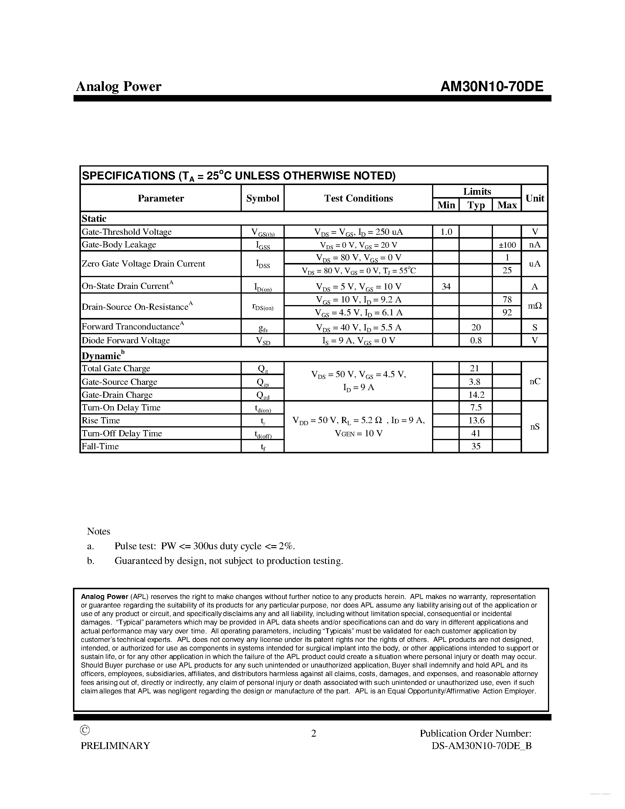 Datasheet AM30N10-70DE page 2 Datasheet AM30N10-70DE - MOSFET page 2