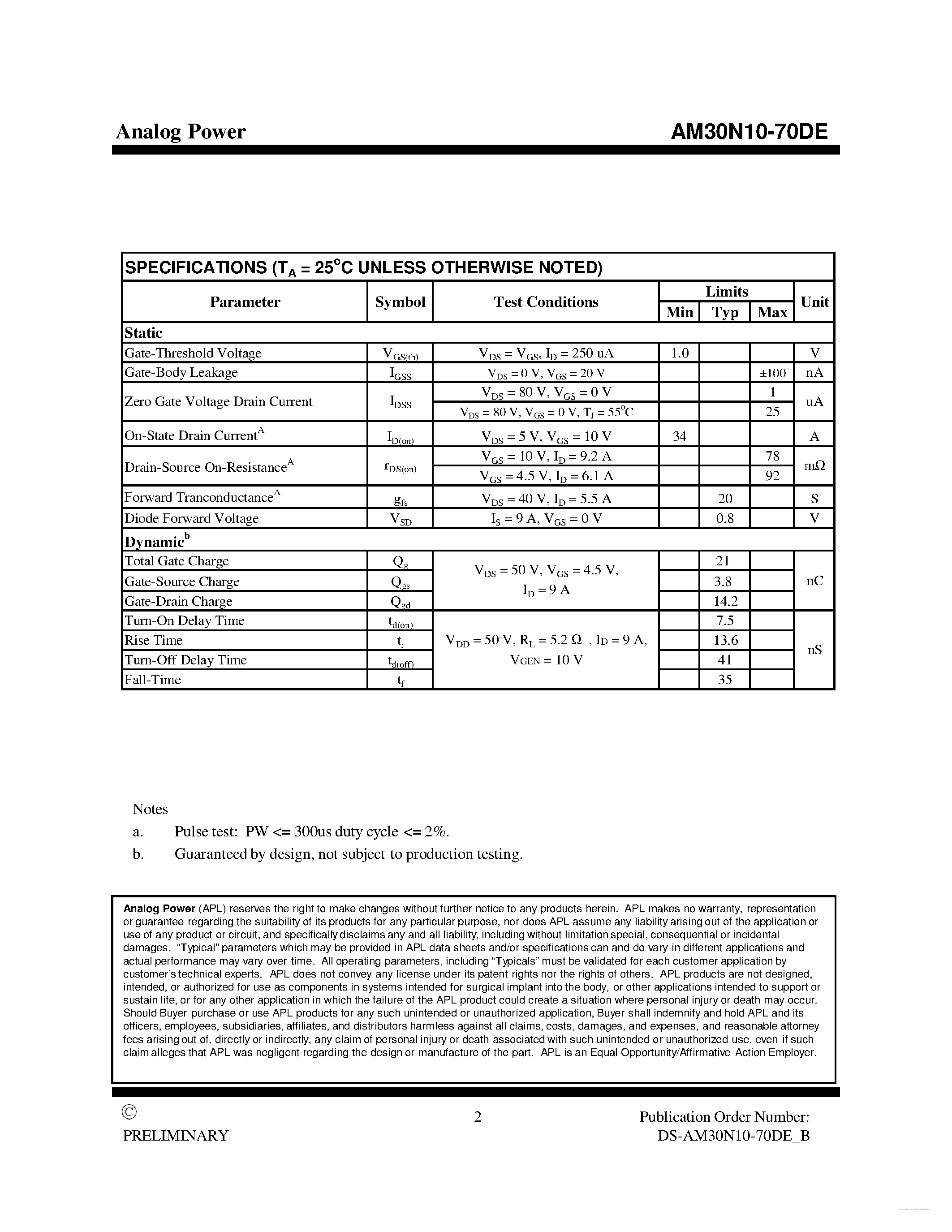 Datasheet AM30N10-70DE - MOSFET page 2