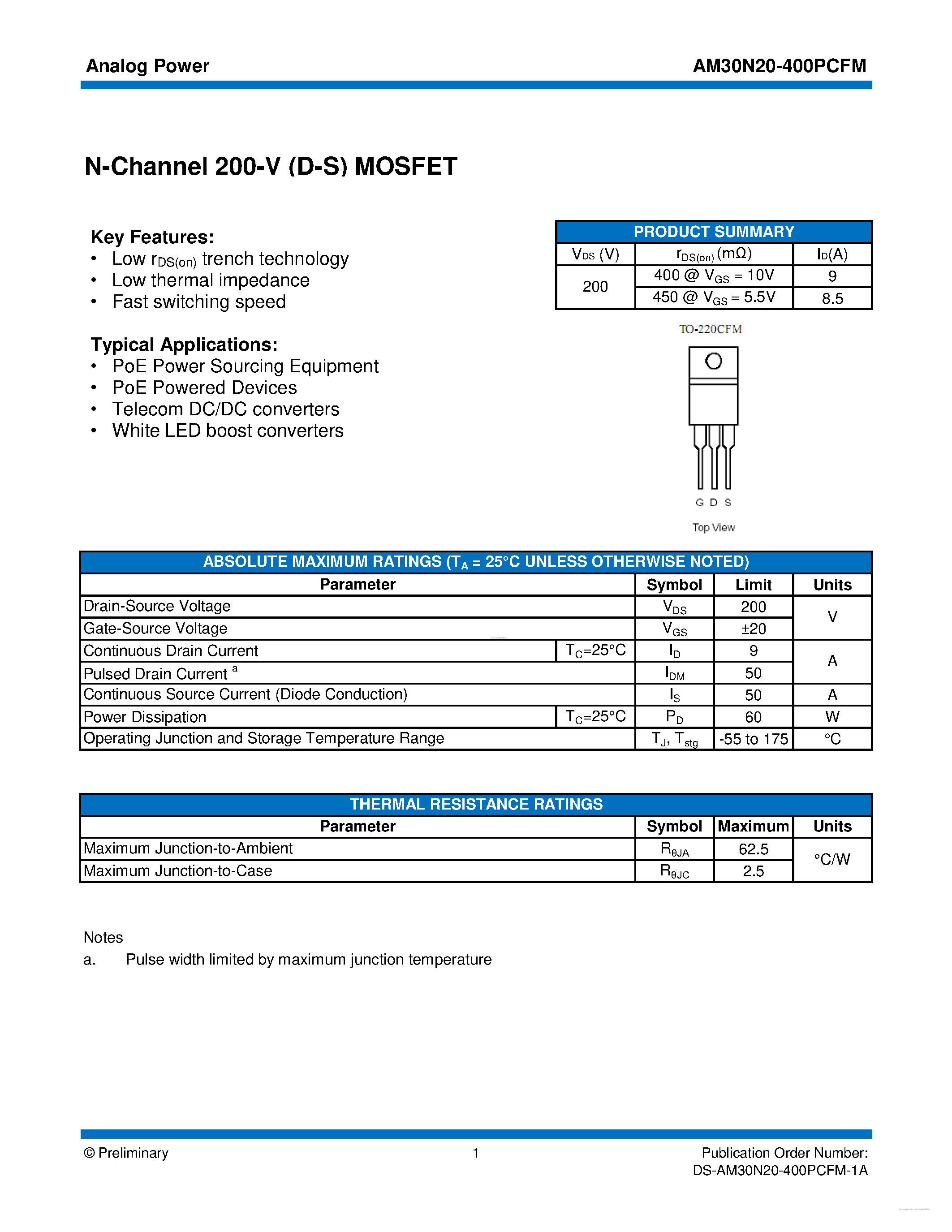 Datasheet AM30N20-400PCFM - MOSFET page 1
